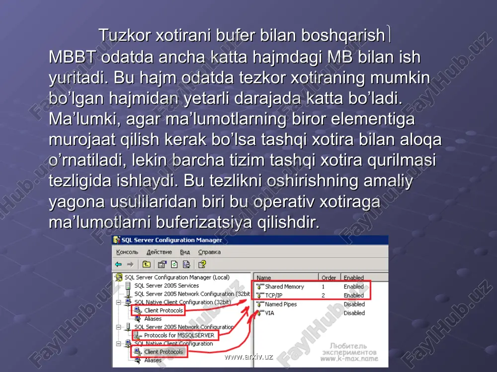 iyalarga ega bulishi kerak. mb sining jadvalini yaratgan foydalanuvchi, shu jadval bilan ishlash polnomochiyalarini tulik tuplamiga ega. bu tuplamga boshka foydalanuvchilarga barcha yoki ba’zi polnomochiyalarni berish xam kiradi, xudi shunday polnomochiyalarni berish polnomochiyasi xisobga olgan xolda. foydalanuvchi polnomochiyalari maxsus jadval-kataloglarda yozilgan buladi va ularning kontroli sql tili darajasida xam amalga oshiriladi. www.arxiv.uz www.arxiv.uz e’tiboringiz uchun rahmat! www.arxiv.uz www.arxiv.uz