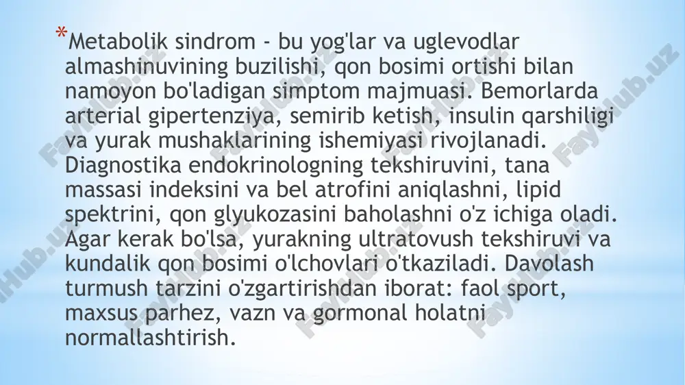 alar xususiyatlari triglitseridlarning ko'payishi qon darajasi 1,7 mmol / l yoki undan ko'p ldl xolesterinning ortishi qonda indikator darajasi 3,0 mmol/l dan ortiq hdl xolesterinning kamayishi ayollarda qon darajasi 1,2 mmol / l dan kam ------------------------------------------------------------------------ erkaklarda qon darajasi 1,0 mmol / l dan kam buzilgan ochlik glikemiyasi plazmasidagi glyukoza darajasi 6,1 mmol / l yoki undan ko'p glyukoza bardoshliligining buzilishi karbongidrat yukidan 2 soat o'tgach plazma glyukoza darajasi 7,8 mmol / l dan ortiq, lekin 11,1 mmol / l dan kam. arterial gipertenziya qon bosimi darajasi 140/90 mmhg. art. va boshqalar patologiyani davolash metabolik sindromni davolash tana vaznini normallashtirish, metabolizmni tiklash va birga keladigan kasalliklarni davolashga qaratilgan chora-tadbirlar majmuasini o'z ichiga oladi. barcha xavf omillarini yo'q qilish majburiydir. asosiy maqsad bel hajmini kamaytirishdir, chunki qorin bo'shlig'idagi semirish metabolik nomutanosiblikning asosiy sababidir. ushbu maqsadlarga quyidagi tavsiyalarga rioya qilish orqali erishiladi: to'g'ri ovqatlanish; jismoniy faollikni oshirish; ozish; yomon odatlardan voz kechish; …