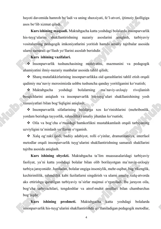 s ishining tuzulishi. ushbu kurs ishi kirish, asosiy qism, 5 ta reja, xulosa, foydalanilgan adabiyotlar roʻyxati va ilova qismidan iborat. asosiy qism 1.insonparvarlik tushunchasining mazmuni va mohiyati va sharq mutafakkirlarining “insonparvarlik “ toʻgʻrisidagi qarashlari. bugungi kunda davlat siyosatining ustuvor yo‘nalishlaridan biri sifatida maktabgacha ta’lim tizimini isloh qilish, mazmun va sifat jihatdan boyitish, tarbiyaviy yo‘nalishni kuchaytirish ishlari olib borilmoqda. “maktabgacha ta’lim va tarbiya to‘g‘risida”gi qonun, prezident farmonlari va qarorlarida bolalarni har tomonlama yetuk, barkamol etib tarbiyalash, ularning axloqiy-ma’naviy kamolotiga zamin yaratish bo‘yicha aniq vazifalar belgilangan. shu nuqtayi nazardan qaraganda, maktabgacha katta yoshdagi bolalarda insonparvarlik his-tuyg‘ularini shakllantirish masalasini ilmiy-nazariy va amaliy jihatdan chuqur o‘rganish dolzarb ahamiyat kasb etadi. shuningdek, insonparvarlik tuyg‘ularining erta yoshdanoq shakllanishi bola ruhiyatini mustahkamlaydi, unda boshqalarning dardiga sherik bo‘lish, yordam berishga intilish, adolat, mehribonlik, halollik kabi qadriyatlarni uyg‘otadi. ushbu his-tuyg‘ular kelajakda jamiyatda faol, ongli, ma’naviy yetuk, barqaror shaxs sifatida shakllanishiga poydevor bo‘ladi. yana bir muhim jihati shundaki, maktabgacha ta’lim …