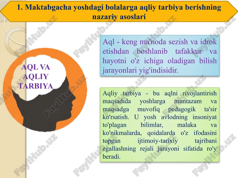 chi bolalarga ta'lim berishni kun davomida amalga oshiradi: ularning bilimlarini boyitadi, madaniy gigenik, xulq madaniyati, gaplashish nutqi, sanoq-hisob harakatlari kabi turli-tuman malaka va ko'nikmalarini shakllantirib boradi. ammo ta’lim berishda bosh rolni mashg'ulot egallaydi. mashg'ulotlar maktabgacha ta'lim muassasasida ta'limni tashkil etish shaklidir. ta’lim — bolalarga ko’nikma va malakalar berishining, bu bilim, ko’nikma va malakalarni bolalar uqib olishi, egallab olishi va ularni mustahkamlab olishining rejali jarayonidir. ta’lim jarayoni — bolalar xotirasining boyishi, ular nutq va tafakkurining o’sish jarayonidir; turli xil metod va usullar yordamida sodir bo’ladigan jarayondir. o’yin — bolalarning ongi, qalbiga singib ketgan faoliyatdir, ularning bu faoliyati, o’yin turlariga qarab, ob’yektiv voqelikni, hayotni muayyan darajada o’zida aks ettiradi. o’yin guruhda o’tilgan o’quv faoliyatining ma’lum darajada davomi va mustahkamlanishidir. o’quv faoliyati ham, biluv faoliyati ham bitta ijtimoiy institutga — ijtimoiy tajribani o’zlashtirishga daxldor. bu faoliyat turlarining har ikkalasi ham tarkiban maqsad, motiv, vosita, natijaga ega. ammo shularga qaramasdan ularning o’zaro farqlari ham …