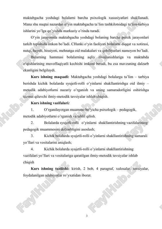 yaxshiroq va osonroq usul o’ylab topadi, o’z bilimlaridan foydalanish va uni so’z bilan ifodalashni o’rganadi. o’yinda aks ettirilayotgan narsani bilib olishga qiziqish o’yg’onadi. ko’pincha o’yin bolalarga yangi bilim berish va ularning fikrini, bilim doirasini kengaytirish uchun xizmat qiladi. bolalarda kattalarning mehnatiga, ijtimoiy hayotga, kishilarning qahramonona ishlariga qiziqish sari ularda bo’lajak mutaxassislik, yaxshi ko’rgan qahramonlariga taqlid qilish kabi dastlabki orzular paydo bo’ladi. o’yin - buyumli-predmetli va ijtimoiy voqelikda harakat qilish va uni anglashga yo’naltirilgan jarayondir. u o’zining kelib chiqishi ko’ra, yo’nalish va mazmuniga ko’ra ijtimoiy voqelik hisoblanadi. o’yin, bu bola faoliyatining yorqin turi. unda maqsadning mavjudligi, sabablar, amalga oshirish vositalarining rejali harakatlari natijaning mavjudligi uning o’ziga xosligidir. xususiyatlarning orasida sabablarning o’ziga xosligi asosiy hisoblanadi. o’yin jarayonida bolaning psixik bilish jarayoni, irodasi, hissiyoti, ehtiyoji va qiziqishlari, ta’sirchanligi – uning butun shaxsiyati shakllanadi. bola o’yinda amaliy ehtiyojlarga qaram bo’lmaydi. bunda u o’zining bevosita ehtiyoj va qiziqishlaridan kelib chiqadi. bolalarning o’yinlari o’zining rang – …