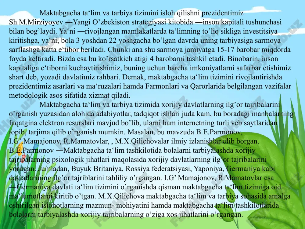 ing belgilangan doirada faoliyat ko'rsatishiga, balki uning rivojlanishiga ham yo'naltirish, buning natijasida u yangi sifat holatiga erishadi; ma’lumotlarga ko‘ra, bugungi kunda respublikamizda: 2243 ta xususiy bolalar bog‘chasi 334 ta xususiy maktab 53 ta nodavlat oliy ta’lim tashkilotlari faoliyat ko‘rsatmoqda. yaponiyada maktabgacha ta'lim tizimi ham o'ziga xosligi bilan ajralib turadi. yaponlar farzandlari bilan 5 yoshgacha shoh bilan gaplashgandek muomala qilishadi, 5 yoshdan 15 yoshgacha qul bilan gaplashgandek, 15 yoshdan keyin esa tengdoshi bilan gaplashgandek muomala qilishadi. 15 yoshli o'smir - o'zining majburiyatlarini yaxshi biladigan, va qoidalarga bo'ysinadigan yoshdagi katta odam deb hisoblanadi. yaponlar bolaning erta voyaga yetishi tarafdoridirlar. turli yoshlarda tarbiyaning turli muammolariga urg'u beradi. masalan: 1 yoshda - o'ziga ishonch hissini uyg'otish. 2 yoshda - amaliy san'at qul mehnatini ko'rsatish. 3 yoshda - burch hissini tarbiyalash. 4 yoshda - yaxshilik va yovuzlikni farqlashga o'rgatish. 5 yoshda -liderlik hislatlarini tarbiyalash, mustaqillikka, reja tuzish va ulami bajarishga o'rgatish. germaniya maktabgacha ta’lim tizimi …
