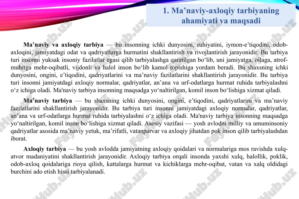 iy bayramlar (navro‘z, mustaqillik kuni, mehrjon va boshqalar), milliy kiyimlar va taomlar haqida tushuncha berish muhim. maktabgacha yoshdagi bolalar tarbiyasida oilaning vazifalari bolaga mehr va g‘amxo‘rlik ko‘rsatish axloqiy qadriyatlarni singdirish milliy an’ana va udumlarni o‘rgatish bolaning qiziqishlarini rivojlantirish oila va bog‘cha hamkorligini ta’minlash 3. mahalliy qadriyatlarning tarbiyadagi o‘rni mahalliy qadriyatlar: madaniy qadriyatlar (til, kiyinish, urf-odatlar), mehnat qadriyatlari (halol mehnat qilishga o‘rgatish), insoniy munosabatlar (do‘stlik, mehr-shafqat, hamjihatlik) oilaviy qadriyatlar (ota-onaga hurmat, oila mustahkamligi), diniy-axloqiy qadriyatlar (halollik, sabr, adolat), insonning o‘z-o‘zini anglash va jamiyatdagi o‘z o‘rnini topishga yordam berish yoshlarda vatanparvarlik, milliy g‘urur va tarixiy xotirani shakllantirish axloqiy qadriyatlarga sodiqlik va ularga amal qilish tuyg‘usini tarbiyalash ma’naviy boy, madaniyatli va intellektual barkamol inson yetishtirish jamiyatning barqarorligi va taraqqiyoti axloqiy me’yorlarga amal qilinishi bilan ta’minlanadi. yoshlar orasida salbiy illatlarning oldini olish, sog‘lom muhit yaratishga xizmat qiladi xulosa bugungi globallashuv jarayonida insoniyatning madaniy va ma’naviy hayotida ro‘y berayotgan tub o‘zgarishlar, xalqimizning boy tarixiy merosi, …