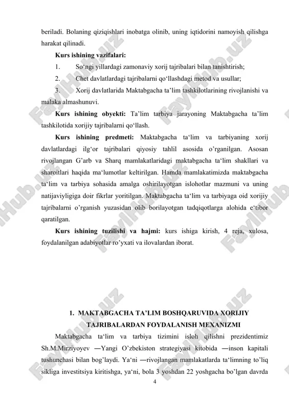 ha ta‘lim tashkilotida bolalarni tarbiyalashda xorijiy tajribalarning psixologik jihatlari maqolasida xorijiy davlatlarning ilg’or tajribalarini yoritgan. jumladan, buyuk britaniya, rossiya federatsiyasi, yaponiya, germaniya kabi davlatlarining ilg’or tajriblarini tahliliy o’rgangan. i.g’ mamajonov, r.mamatovlar esa ―germaniya davlati ta‘lim tizimini o’rganishda qisman maktabgacha ta‘lim tizimiga oid ma‘lumotlarni kiritib o’tgan. m.x.qilichova maktabgacha ta‘lim va tarbiya sohasida amalga oshirilgan islohotlarning mazmun- mohiyatini hamda maktabgacha ta‘lim tashkilotlarida bolalarni tarbiyalashda xorijiy tajribalarning o’ziga xos jihatlarini o’rgangan. maktabgacha ta‘lim va tarbiyaning davlat ta‘lim standartlariga ko’ra maktabgacha ta‘lim — maktabgacha yoshdagi bolalar qiziqishi, iqtidori, individual ruhiy va jismoniy xususiyatlari, madaniy ehtiyojlarini inobatga olgan holda hamda bolada ma‘naviy me‘yorlarning shakllanishi, hayotiy va ijtimoiy tajriba egallanishini ko’zda tutgan har tomonlama rivojlantirishga qaratilgan yaxlit jarayonhisoblanadi. mana shu jarayonda maktabgacha ta‘lim tashkilotlariga qabul turli davlatlarda turlicha ekan. maktabgacha ta’lim tashkilotiga qabul yoshi o’zbekiston germaniya yaponiya italiya xitoy 1 yosh 4 oylik 3 yosh 3 yosh 3 yosh o’zbekiston respublikasi ―maktabgacha ta‘lim va tarbiya to’g’risidagi …