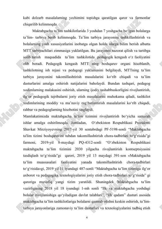 iyalar ishlab chiqish. kurs ishining amaliy ahamiyati: mttda pedagogik kengashning noan’anaviy shakllarini yoritib beriladi mttda pedagogik kengashni noan’anaviy usullarining xalqaro tajribalardan foydalanib pedagogik kengashni boshqarishning yangi texnologiyasini ishlab chiqiladi mttda pedagogik kengashning noan’anaviy shaklda tashkil qilinadi kurs ishining tuzilishi: mazkur kurs ishi kirish, 3 ta reja, xulosa, foydalangan adabiyotlar ro’yxati va ilovalardan iborat. 1. maktabgacha ta’lim tashkilotida pedagogik kengash boshqaruv organi sifatida inson faoliyatining eng qadimiy turlaridan biri – bolalarni tarbiyalash o‘zining asrlar davomida rivojlanishi davomida sezilarli o‘zgarishlarni boshdan kechirdi, kundalik jarayondan ijodiy va amaliy izlanishlar natijalariga ilmiy asoslangan tizimli o‘zaro ta’sir majmuasiga aylandi. maktabgacha ta’lim tashkilotlarida 3 yoshdan 7 yoshgacha bo‘lgan bolalarga ta’lim- tarbiya berib kelinmoqda. ta’lim tarbiya jarayonini tashkillashtirish va bolalarning yosh xususiyatlarini inobatga olgan holda ularga bilim berish albatta mtt tarbiyachilari zimmasiga yuklatilgan. bu jarayonni nazorat qilish va tartibga solib turish maqsadida ta’lim tashkilotida pedagogik kengash o‘z faoliyatini olib boradi. pedagogik kengash mtt ning boshqaruv organi hisoblanib, …