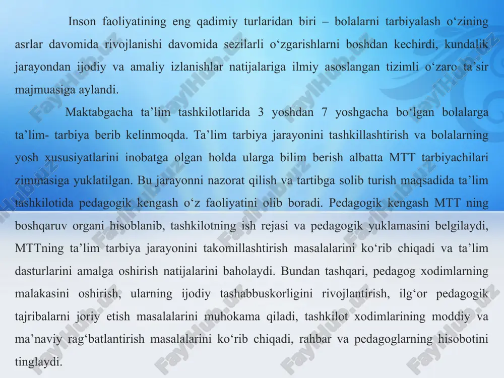 i hisobga olish); - uslubiy xizmat (pedagoglarning elektron portfeli, ularning muvaffaqiyatlari va yutuqlari to‘g‘risidagi ma’lumotlarni saqlash vositasi sifatida, taqdimot, tajriba, elektron hisobotlar va boshqalar) “davra suhbati” metodi mazkur metod aylana stol atrofida berilgan muammo yoki savollar yuzasidan ta’lim oluvchilar tomonidan o‘z fikr mulohazalarini bildirish orqali olib boriladi. “davra suhbati” metodi qo‘llanilganda stol- stullarni doira shaklida joylashtirish kerak. bu har bir ta’lim oluvchining bir- biri bilan “ko‘z aloqasi”ni o‘rnatib turishga yordam beradi. davra suhbatining og‘zaki va yozma shakllari mavjud. og‘zaki davra suhbatida ta’lim beruvchi mavzuni boshlab beradi va ta’lim oluvchilardan ushbu savol bo‘yicha o‘z fikr-mulohazalarini bildirishlarini so‘raydi va aylana bo‘ylab har bir kengash a’zosi o‘z fikr mulohazalarini og‘zaki bayon etadilar. so‘zlayotgan pedagogni barcha diqqat bilan tinglaydi, agar muhokama qilish lozim bo’lsa barcha fikr – mulohazalar tinglanib bo‘linganidan so‘ng muhokama qilinadi. bu easa o‘z navbatida jamoa a’zolari bir- birlarining fikrini eshitib unga xurmat munosabati bilan qarashga yordam beradi. konferensiya metodi. mashg‘ulotni o‘tishdan …