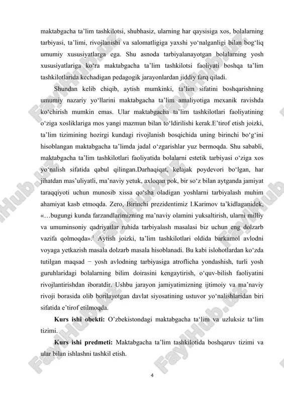 va ma’naviy rivoji borasida olib borilayotgan davlat siyosatining ustuvor yo‘nalishlaridan biri sifatida e’tirof etilmoqda. kurs ishi obekti: o’zbekistondagi maktabgacha ta‘lim va uzluksiz ta‘lim tizimi. kurs ishi predmeti: maktabgacha ta’lim tashkilotida boshqaruv tizimi va ular bilan ishlashni tashkil etish. kurs ishi maqsadi: maktabgacha ta’lim menejmentininig nazariy asoslarini o‘rganish. kurs ishi vazifalari: maktabgacha ta’lim tashkilotida boshqaruv tizimini nazariy va amaliy asoslarini o‘rganish; · maktabgacha ta’lim tashkilotlarini boshqarishning umumiy tamoyillari. · maktbgacha ta`limni boshqarishining metodi va vositalari. · maktabgacha ta’lim tashkilotsini boshqarishning nazariy asoslari. · maktabgacha ta`lim tashkilotlari va ularda bola tarbiyasining maqsad va vazifalari. · maktabgacha ta`lim tashkilotlaridagi pedagogik kasb xodimlarining shaxsiy xislatlari. · maktabgacha ta`lim tashkilotlari bilan ota-onalar hamkorligi. kurs ishi metodi: kuzatish, suhbat, pedagogik tajriba, o’yin. kurs ishi tuzilishi: kirish, 5 ta reja, xulosa, foydalangan adabiyotlar ro`yxati ilovalardan iborat. 1. maktabgacha ta’lim tashkilotsini boshqarishning nazariy asoslari. maktabgacha ta’lim tashkilotlarini boshqarishning umumiy tamoyillari. maktabgacha ta`lim uzluksiz ta`limning boshlang'ich qismi hisoblanadi. u …