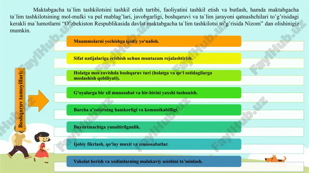 lekin bo‘ysinuvchilari bilan muomilada bo‘lganda uning rahbarlik g‘ururi balandligi, o‘zini katta tutishi sezilib turadi; o‘ziga bo‘ysinuvchilar oldida qovog‘i solingan kayfiyatda bo‘ladi. xullas, avtoritar rahbar o‘ziga bino qo‘ygan, dimog‘dor, o‘z qobiliyati va imkoniyatlariga ortiqcha ishonadigan, hukimini o‘tkazishga inti-ladigan kishilardan yetishib chiqadi. liberal rahbar bunday turdagi rahbar: idorasiz, tashabbussiz bo‘ladi; o‘z zimmasiga mas’uliyat olishni yoqtirmaydi; ishni o‘z holiga tashlab ko‘yadi; idoraga nisbatan qat’iy bo‘lishdan hayiqadi; o‘zini haddan tashqari ehtiyot qiladi; biron xodim bilan ham aloqani buzishni istamaydi; talabchan emas, sust nazorat qiladi; suiste’mollarga bevosita yo‘l qo‘ymasa ham o‘zini bilmaslikka soladi; demokratik rahbar bunday turdagi rahbar: boshqarish funksiyalarini jamoa fikri bilan hisoblashib amalga oshiradi; ishlab chiqarishni boshqarishga xodimlarni jalb qiladi; ularning bildirgan fikriga quloq soladi; ular bilan maslahatlashadi, ijobiy tamonlarini inobatga oladi; barcha bilan barobar va samimiy munosobatda bo‘ladi, ustunligini bildirmydi; buyruq berish yo‘li bilan emas, balki ishontirish uslubida ish tutadi; buyruq rahbarlik uslubi bo‘ysinuvchilarning shaxsiy tashabbusini, ijodiy faoliyatini rivojlantiradi va jamoada o‘rtoqlik …