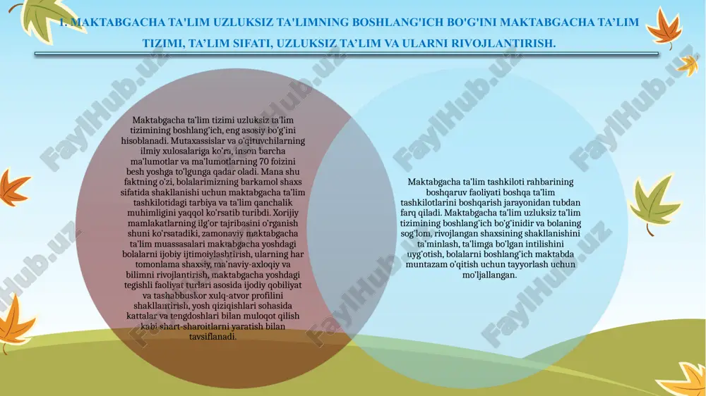 ilishi va uning taʼlimga boʻlgan turlituman ehtiyojlarining qondirilishi, milliy va umumbashariy qadriyatlar ustuvorligining taʼminlanishi, inson, jamiyat va atrof-muhit oʻzaro munosabatlarining uygʻunlashuvi; taʼlimning ijtimoiylashuvi — taʼlim oluvchilarda estetik boy dunyoqarashni hosil qilish, ularda yuksak maʼnaviyat, madaniyat va ijodiy fikrlashni shakllantirish; taʼlimning milliy yoʻnaltirilganligi — taʼlimning milliy tarix, xalq anʼanalari va urfodatlari bilan uzviy uygʻunligi, oʻzbekiston xalqlarining madaniyatini saklab qolish va boyitish, taʼlimni milliy taraqqiyotning oʻta muhim omili sifatida eʼtirof etish, boshqa xalqlarning tarixi va madaniyatini hurmatlash; taʼlim va tarbiyaning uzviy bog’likligi, bu jarayonning qar tomonlama kamol topgan insonni shakllantirishga yoʻnaltirilganligi; iqtidorli yoshlarni aniqlash, ularga taʼlimning eng yuqori darajasida, izchil ravishda fundamental va maxsus bilim olishlari uchun shart-sharoitlar yaratish. 4. o’zbekistonda uzluksiz ta’lim tizimi respublikamiz ijtimoiy-iqtisodiy va madaniy rivojlantirishda ustuvor soha uzluksiz ta'lim tizimining faoliyat olib borishi davlat ta'lim standartlari asosida, turli darajadagi ta'lim dasturlarining izchilligi asosida ta'minlanadi va quyidagi ta'lim turlarini o'z ichiga oladi: 9 maktabgacha ta'lim; umumiy o'rta ta'lim; o'rta …