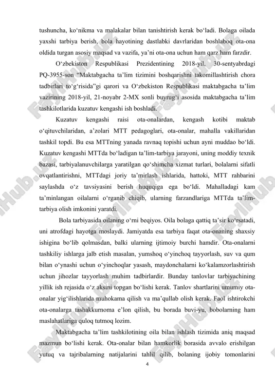 yotidagi jiddiy o‘zgarishlar davri hisoblanadi. mazkur davr bilan bolaning rivojlanishida yangi bosqich boshlanadi. bolaning oldingilardan farq qiladigan faoliyat shakllarini o‘rganishiga to‘g‘ri keladi. kattalar va tengdoshlar bilan munosabatlarning boshqa uslubini o‘rnatish, fiziologik jihatdan o‘zgarishi ham talab etiladi. xo‘sh, maktabgacha ta’lim yoshidagi bolaning tayyorgarligi qanday bo‘lishi kerak degan muhim savol yuzaga keladi. bolalarni maktabga muvoffaqiyatli o‘qishi uchun ularni fanlar bo‘yicha mazmunli tayyorgarligi muhim emas. chunki uni haddan ziyod yuklatish o‘qishga bo‘lgan xohishni susayishiga olib keladi. asosiysi, uni psixologik jihatdan maktabga tayyorgarligi, bilishga qiziqishi, o‘zini nazorat qila olish malakalarini, kommunikativ va ijodiy qobilyatlarini, nutqini, xotirasini, diqqatini, tafakkurini rivojlanishining ma’lum darajasini shakllantirish lozimdir. ko‘rib turibmizki, bolalarni maktabga tayyorlash katta yoki tayyorlov guruhlarida emas, balki uning maktabgacha ta’lim muassasasiga kelgan kunidanoq boshlanishi lozim. agar aniqroq aytadigan bo‘lsak, uni oldinroq ham boshlash lozim. chunki bolaning diqqati, qiziquvchan va ba’zi bir topshiriqlarni mustaqil qilishi qiyin bo‘lganidek, uni qisqa muddat ichida birgalikda qandaydir vazifalarni yechishga, kelishishga o‘rgatish ham …