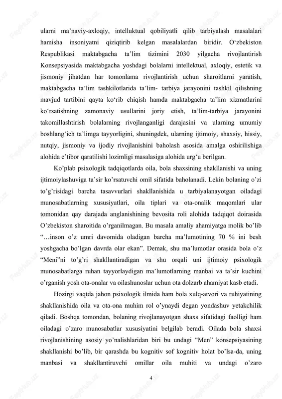 haqidagi fikr-mulohazalarini o‘rganish va uni amaliyotda qo‘llash. kurs ishining vazifalari: · “men” konsepsiyasi haqida umumiy tushuncha olish va tahlil qilish. · maktabgacha ta’limda tarbiyalanuvchilarda “men” konsepsiyasi indikatorlari bilan aloqador ko'nikma va malakalarni shakllantirish shakl, usul va metodlarini tahlil qilish va umumlashtirish. · bolada ,,men’’ konsepsiyasini tarbiyalashning o’ziga hos jihatlarini o’rganish. kusr ishining obyekti. kurs ishining obyekti maktabgacha yoshdagi bolalarda “men” konsepsiyasini rivojlantirish jarayoni. kusr ishining predmeti. kurs ishining ishining predmeti maktabgacha yoshdagi bolalarda “men” konsepsiyasini rivojlantirish usullari. kurs ishining tuzilishi: kirish, 4 reja, xulosa, foydalanilgan adabiyotlar ro‘yhati va ilovalardan iborat. 1. maktabgacha yoshdagi bolalarni ijtimoiy – hissiy rivojlantirishga doir olib boriladigan pedagogik ishning mazmun mohiyati. bugungi kunda maktabgacha yoshdagi bolalarni ijtimoiy hayotning tobora axborotlashuvi hamda ijtimoiy munosabatlar mazmunining murakkablashuvi yosh avlodni ijtimoiy hayotga tayyorlash, ularni ijtimoiylashtirishni taqoza etmoqda. maktabgacha ta’lim tashkilotilari tarbiyalanuvchilarini ijtimoiy munosabatlarini tog‘ri tashkil etishga tayyorlash kelajakda o‘ta murakkab jarayonda samarali faoliyat yurita olishlari uchun imkon beradi. maktabgacha …