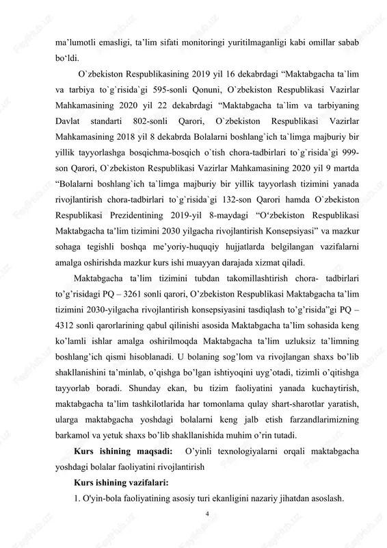 i va mtt tarbiyachilarining pedagogik mahoratlarini oshirishda manbaa bo’lib xizmat qiladi kurs ishining tuzilishi: kurs ishi kirish, 3 paragraf, xulosa, foydalanilgan adabiyotlar ro’yxati va ilovalardan iborat. . 25 1. o'yin-bola faoliyatining asosiy turi sifatida o'yin inson o'zligining namoyon bo'lishi, uning takomillashuv usulidir. o'yin kattalar hayotida muayyan o'rin tutar ekan, u bolalar uchun alohida ahamiyatga egadir. uni «bolalikning hamrohi» deb atash qabul qilingan. u maktabgacha yoshdagi bolalar hayotining asosiy mazmunini tashkil etadi. mehnat va ta’lim bilan uzviy aloqada bo'lgan holda yetakchi faoliyat sifatida namoyon bo'ladi. bola shug'ullanadigan ko'pchilik jiddiy ishlar o'yin shaklida bo'ladi.o'yinda shaxsdagi barcha mavjud jihatlar ishga tushadi: bola harakat qiladi, gapiradi, idrok etadi, o'ylaydi. o'yin tarbiyaning muhim vositasi sifatida namoyon bo'ladi. o'yin qadim zamonlardan beri pedagog, psixolog, faylasuf, etnograf, san'atshunos olimlar diqqatini o'ziga tortib kelgan bo'lib, jamiyat hayotida mehnatdan keyin turadi va uning mazmunini belgilaydi. ibtidoiy jamoa qabilalari o'z o'yinlarida ovchilik, urush, dehqonchilik ishlarini aks ettirganlar. masalan, o'sha davrdagi …