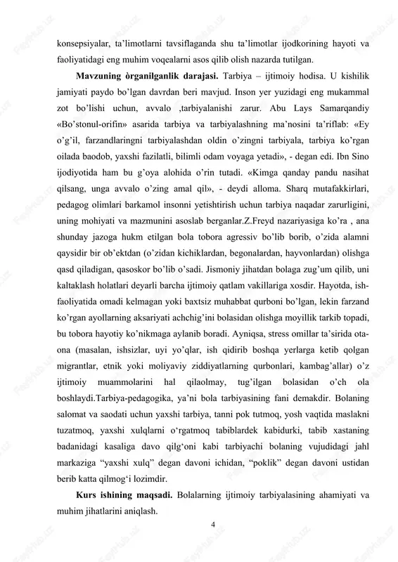 shining gepotezasi. ijtimoiy tabiyalangan bola qo’yilgan maqsad va vazifalar bilan bog’liqlikda egallashi lozim bo’lgan bilim, malaka, e’tiqod, shaxs sifati va xarakteri, xulq-atvor tizimi tushuniladi. kurs ishining metodologik asosi.o’rta osiyolik mutafakkirlardan forobiy va abu ali ibn sino inson tarbiyasiga ta’sir etadigan asarlari.o’zbekiston respublikasi 1-prezidenti i.a.karimovning asarlari. o’zbekiston respublikasining konstitutsiyasi, “ta’lim to’g’risida”gi qonuni, kadrlar tayyorlash milliy dasturi. kurs ishining metodlari: kuzatish, faoliyat mahsulini tahlil qilish. kurs ishining nazariy va amaliy ahamiyati. bolaning rivojlanishi – bu muhim jarayon hisoblanadi. ma’lumki, hayot davomida inson jismoniy va ruhiy jihatdan o’zgarib boradi. lekin bolalik, o’smirlik va o’spirinlik davrida rivojlanish nihoyatda kuchli bo’ladi. bola mana shu yillarda ham jismoniy, ham ruhiy jihatdan o’sishi, o’zgarishi tufayli shaxs sifatida kamolga yetadi. kurs ishining tuzilishi va hajmi: kirish, 2 bob, 4 bo`lim , xulosa, foydalanilgan adabiyotlar ro`yxatidan iborat. 1. bolalarning ijtimoiy va shaxsiy rivojlanishi. bolalarning ijtimoiy va shaxsiy rivojlanishi muammosi maktabgacha ta’lim nazariyasi va amaliyotida faol ishlab chiqilgan muammolardan biridir. …