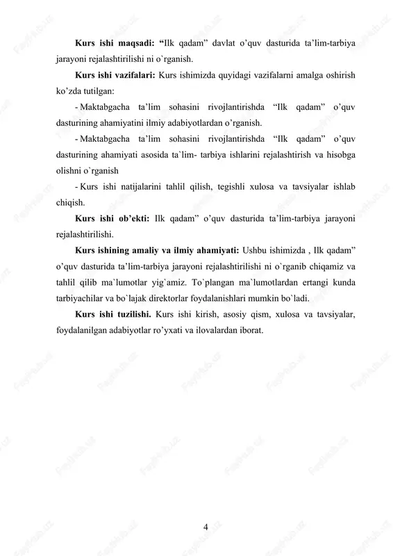 u bolalar egallashi lozim bo’lgan bilim mundarijasi aniq yoritib berildi. 1959-yil - maktabgacha tarbiya tashkilotlarini yanada rivojlantirish, maktabgacha yoshdagi bolalarni tarbiyalash va ularga tibbiy xizmatni ko’rsatishni yaxshilash choralari to’g’risidagiqarori qabul qilinadi. unda mahalliy sharoit va imkoniyatlarini nazarda tutib, bolalar tashkilotlari ishini ikki "yasli" va "bolalar" bog’chasini yagona maktabgacha ta’lim bolalar tashkiloti qilib birlashtirish va maktabgacha yoshdagi bolalarni tarbiyalashning yagona programmasini tuzish belgilandi. 1964-yil - bolalar bog’chasida tarbiya programmasi nashr etildi. unda ilk yoshdan to maktabga tayyorlov yoshgacha bo’lgan davrlarda olib boriladigan ta’lim - tarbiya ishlari yoritib berildi. 1972-yil - maktabgacha ta’lim tashkilotlarining yangi "bolalar bog’chasida tarbiya programmasi bilan ishlashga o’tkazish to’g’risidagi 1972-yil may qaroriga binoan yangi programma qabul qilindi. programmada - bolalar bog’chasining vazifalari - aqliy, axloqiy, jismoniy, estetik, mehnat, o’yin mashg’ulotlar ro’yxati va haftalik taqsimoti, guruhlar bo’yicha bolalarni tarbiyalash vazifalari, ularning rivojlanish xususiyatlari, o’quv faoliyatining boshlang’ich formalarini egallash, tarbiyachi va ota-onalar hamkorligi masalalari aks ettirilgan edi. 1978-1980-yiliar - bolalar …