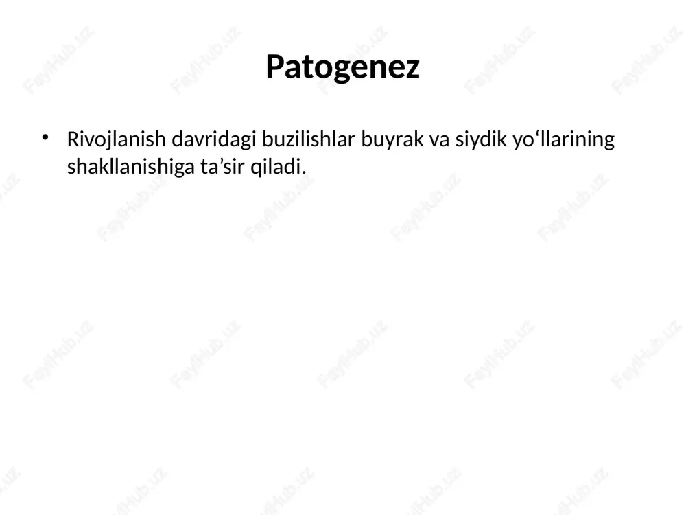 i pasaygan: • dj stent yoki nefrostoma (siydik oqimini vaqtincha tiklash) siydik pufagi va uretra anomaliyalari • veziko-ureteral reflyuks (vur) • gipospadiya • ekzstrofiya vur siydik pufakdan ureterlarga orqaga oqadi va bu buyrakda chandiqlanishga olib keladi. vur darajalari 1–3 daraja: konservativ 4–5 daraja: jarrohlik davolash klinik belgilar • tez-tez siydik chiqarish • og‘riq • loyqa yoki qonli siydik • isitma tashxis usullari • uzi • umumiy siydik tahlili • mku (tsistoureterografiya) • nefrosintigrafiya davolash tamoyillari davolash anomaliya darajasi va funksional o‘zgarishlarga asoslanadi. konservativ davolash • antibiotik profilaktikasi • suv ichish rejimi • dinamik kuzatuv asoratlar • pielonefrit • buyrak chandiqlanishi • arterial gipertenziya • surunkali buyrak yetishmovchiligi jarrohlik davolash • pyeloplastika • ureter reimplantatsiyasi • gipospadiya korreksiyasi xulosa erta tashxis va nazorat buyrak funksiyasini saqlashda muhim ahamiyatga ega. image1.jpeg image2.jpeg image3.jpeg image4.jpeg image5.jpeg image6.jpeg image7.jpeg image8.jpeg