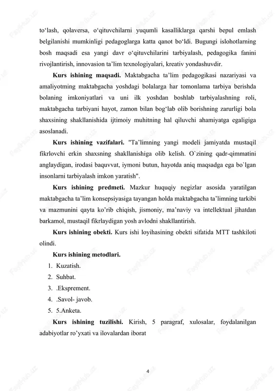 dimlar ham bo‘lgan. bu tashkilotda bolalarni duolar o‘qishga (duogo‘ylikka) qat’iyat bilan o‘rgatilgan. shuningdek bolalarni oddiy o‘qishga, yozishga, sanashga, to‘qishga, to‘r taqishga, tikishga va boshqa hunarlarga o‘rgatilgan. butun o‘lka bo‘ylab shunday yaslalardagi bolalar soni 50-60 boladan oshmas edi. turkistonda kambag‘allarning bolalari uchun toshkentda, samarqand, sirdaryo, namanganda yetimxonalar tashkil etilgan. sirdaryo, samarqand, toshkent shag‘rida bolalar bog‘chalari kabi ayrim bog‘chalar yuzaga keldi. 1909-1910 yillarda va keyinchalik xususiy bog‘chalar paydo bo‘ldi: bu bog‘chalarda 6-yoshdan boshlab bolalarni asosan gimnaziyaga o‘qishga tayyorlanar edi. bunday bolalar bog‘chalari xususiy uylarda ochilar va tamomila ota-onalar ta’minotida bo‘lgan. ma’lumotga ega bo‘lgan va chet tillarini biladigan o‘qimishli xonimlar tarbiyachi edilar. ammo mazkur bolalar bog‘chalari faqat badavlat ota-onalarning ehtiyojini qondirgan edi. davlat tomonidan ijtimoiy bolalar bog‘chalari faqat 1917 yildan keyingina yalpi tarzda tashkil etildi. ijtimoiy maktabgacha ta’lim - bu davlat tomonidan tashkil etiladigan davlat tashkilotlari bo‘lib, unda maktabgacha tarbiya yoshidagi bolalarga ta’lim va tarbiya beriladi. ijtimoiy maktabgacha ta’limning vujudga kelishi asosan 1917-1918 …