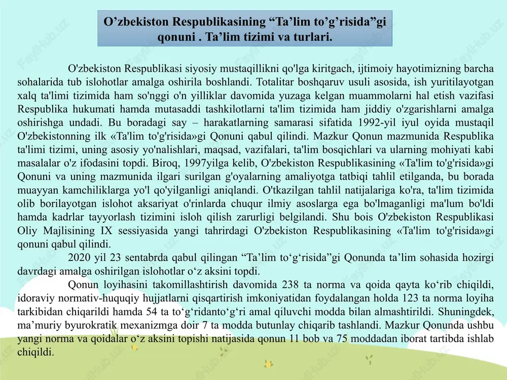 y); nazariy - ta’lim tashkiloti negizida, amaliy - ta’lim oluvchining ish joyida birga olib boriladigan dual ta’lim; mudofaa, xavfsizlik va huquqni muhofaza qilish faoliyati sohasida kadrlar tayyorlash. oilada ta’lim olish va mustaqil ta’lim olish; katta yoshdagilarni oʻqitish va ularga ta’lim berish; jismoniy, aqliy, sensor (sezgi) yoki ruhiy nuqsonlari boʻlgan bolalar (shaxslar) uchun inklyuziv ta’lim; eksternat tartibidagi ta’lim - oʻquv dasturlarini mustaqil ravishda oʻzlashtirishni oʻz ichiga olib, uning yakunlari boʻyicha ta’lim oluvchilardan davlat ta’lim muassasalarida yakuniy va davlat attestatsiyalaridan oʻtish; ikkinchidan, vazirlar mahkamasi, ta’lim sifatini nazorat qilish davlat inspeksiyasi (ta’lim inspeksiyasi), prezident, ijod va ixtisoslashtirilgan maktablarni rivojlantirish agentligi, shuningdek soha vazirliklari va mahalliy davlat hokimiyati organlarining vakolatlari tafsilotlari bilan aniqlashtirildi. uchinchidan, ta’lim jarayonining barcha ishtirokchilarining huquqiy maqomiga koʻproq etibor qaratilgan: ta’lim tashkilotlari – ularni tashkil etish, qayta tashkil etish va tugatish, ustavga talablar; pedagogik xodimlar, ta’lim oluvchilar, ularning ota-onalari va boshqa qonuniy vakillari – huquqlar, majburiyatlar va kafolatlar boʻyicha. ta’lim-tarbiya jarayoni …