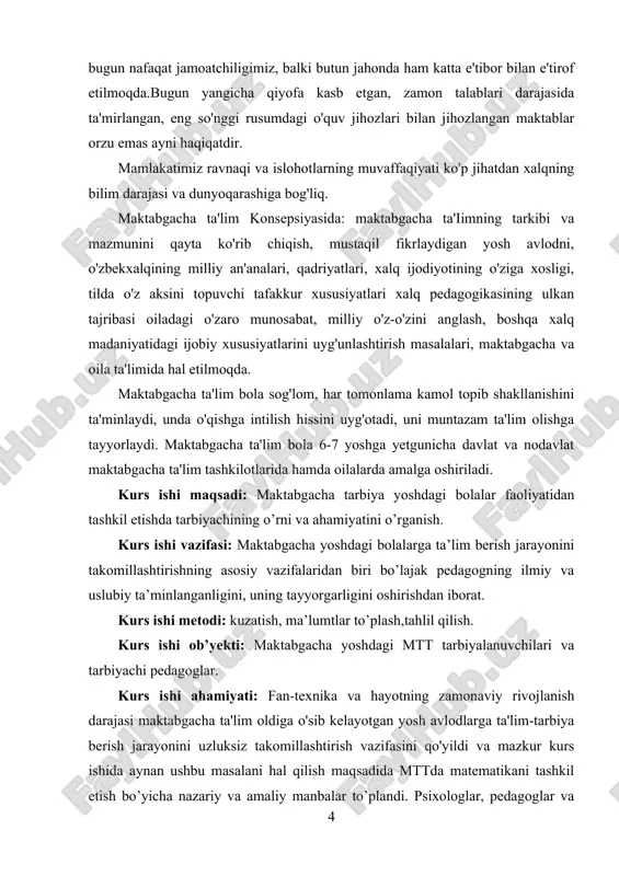 anilgan adabiyotlar ro`yxati va ilovalardan iborat. 1. maktabgacha ta’limda tarbiyachining o’rni va tarbiyachi shaxsiga qo’yilgan talablar o‘zbekiston respublikasida amalga oshiriladigan ulkan islohatlarning muvaffaqiyatga eng avvalo odamlarning o‘z ishlariga ma'suliyat bilan qarashlariga, kundalik mehnat faoliyatida mamalakat taraqqiyotiga hissa bo‘lib qo‘shiladigan savobli ishlarni qila oshilariga bog‘liq. jamiyatda pedagog (o‘qituvchi, tarbiyachi) birinchidan, o‘sib kelayotgan avlodni tarbiyalash, ikkinchidan mehnatkash xalqimizga har tomonlama bilim berishdek savobli va ma'suliyatli vazifalarni bajaradi. pedagogika – bu kelajak, istiqbol uchun meros qilib qoldiriladigan boylikdir. bu boylikning qadr-qimmati shu qadar buyukki, u odamni ma'naviy jihatdan boy qilib, qalbini baxtga, ilohiy nurga to‘ldiradi. dunyoda biror kimsa yo‘qki, uning ustozi bo‘lmasa. u xukumat rahyuarimi, buyuk allomami, shifokormi, xalqmexrini qozongan yozuvchimi yoki qo‘ligul kosibmi, qo‘yingki, barchabarchaning o‘z ustozi va hayot yo‘lini charog‘on etib turuvchi yo‘lboshchisibo‘ladi. ustozning eng buyuk burchi – uning xalqqa nafi tegadigan, aql-idrokli, qobiliyatli, uquvli shogirdlar tayyorlashdir. tarbiyachi yosh avlodni halqimizning munosib farzandlari qilib tarbiyalashdek muhim va fahrli shu bilan birga …