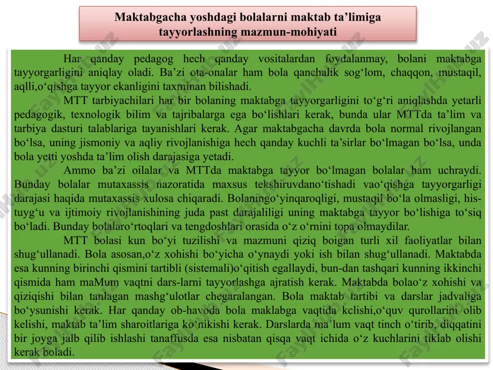 assis nazoratida maxsus tekshiruvdano‘tishadi vao‘qishga tayyorgarligi darajasi haqida mutaxassis xulosa chiqaradi. bolaningo‘yinqaroqligi, mustaqil bo‘la olmasligi, his-tuyg‘u va ijtimoiy rivojlanishining juda past darajaliligi uning maktabga tayyor bo‘lishiga to‘siq bo‘ladi. bunday bolalaro‘rtoqlari va tengdoshlari orasida o‘z o‘rnini topa olmaydilar. mtt bolasi kun bo‘yi tuzilishi va mazmuni qiziq boigan turli xil faoliyatlar bilan shug‘ullanadi. bola asosan,o‘z xohishi bo‘yicha o‘ynaydi yoki ish bilan shug‘ullanadi. maktabda esa kunning birinchi qismini tartibli (sistemali)o‘qitish egallaydi, bun-dan tashqari kunning ikkinchi qismida ham mamum vaqtni dars-larni tayyorlashga ajratish kerak. maktabda bolao‘z xohishi va qiziqishi bilan tanlagan mashg‘ulotlar chegaralangan. bola maktab tartibi va darslar jadvaliga bo‘ysunishi kerak. har qanday ob-havoda bola maklabga vaqtida kclishi,o‘quv qurollarini olib kelishi, maktab ta’lim sharoitlariga ko‘nikishi kerak. darslarda ma’lum vaqt tinch o‘tirib, diqqatini bir joyga jalb qilib ishlashi tanaffusda esa nisbatan qisqa vaqt ichida o‘z kuchlarini tiklab olishi kerak boladi. maktabgacha yoshdagi bolaning maktab ta’limiga utishi hamisha uning hayoti, axloqi, qiziqishi va munosabatlarida anchayin jiddiy …