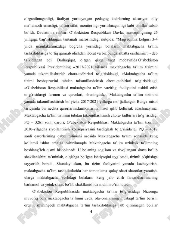 landik. · kuzatish · suhbat. · savol javob. · tajriba kurs ishining amaliy va ilmiy ahamiyati: ushbu ishimizda, o‘zbekiston respublikasi maktabgacha ta`lim tizimi konsepsiyasi mohiyatini va uning ahamiyatini o`rganib chiqamiz va tahlil qilib ma`lumotlar yig`amiz. to`plangan ma`lumotlardan ertangi kunda tarbiyachilar va bo‘lajak mudiralar foydalanishlari mumkin bo‘ladi. kurs ishi tuzilishi. kurs ishi kirish, to‘rtta reja, xulosa va tavsiyalar, foydalanilgan adabiyotlar ro‘yxati va ilovalardan iborat. 1. o‘yinning bola tarbiyasidagi asosiy roli. o'yinning bola tarbiyasidagi asosiy roli bolalar tashkilotisi hayotini u bilan boyitishni talab etadi. shuning uchun ham o'yin bolalar hayotining kun tartibiga doimiy qilib kiritilgan. o'yinlar uchun nonushtagacha va undan keyin, mashg'ulotlardan so'ng, sayrlardan so'ng, kechqurun uyga ketishdan oldin vaqt ajratiladi. ertalab o'ta harakatchanlikni talab qilmaydigan o'yinlar uchun sharoit yaratish maqsadga muvofiqdir. mazmunan ko'proq didaktik o'yinchoqlar, stol ustida o'ynaladigan stol-bosma o'yinlari, syujetli-rolli o'yinlarni o'ynagan ma'qul. sayr davomida harakatli o'yinlarni, qurish-yasash o'yinlarini tashkil etish foydalidir. kun tartibida o'yin uchun maxsus vaqt belgilash o'yinning …