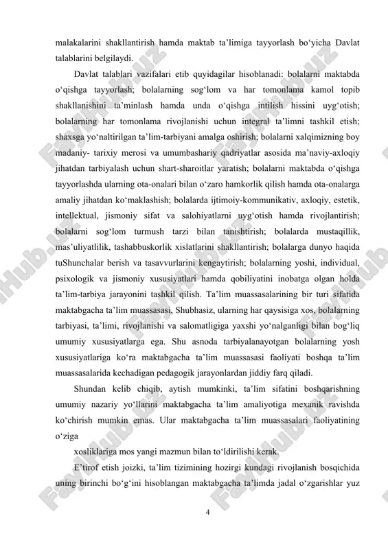 a hisoblanadi. bu kabi islohotlardan ko‘zda tutilgan maqsad − yosh avlodning tarbiyasiga atroflicha yondashish, turli yosh guruhlaridagi bolalarning kurs ishining dolzarbligi: interfaol usullami qo’llash natijasida o’quvchilarning mustaqil fikrlash, tahlil qilish, xulosalar chiqarish, o’z fikrini bayon qilish, uni asoslangan holda himoya qila bilish, sog’lom muloqot, munozara, bahs olib borish ko’nikmalari shakllanib, rivojlanib boradi. ushbu masalalar bizning kurs ishining dolzarbligi bo’lib hisoblanadi. kurs ishi tuzilishi quyidagilardan iborat: kirish, 4 reja, xulosa foydalangan adabiyotlar ro`yxati va ilovalardan iborat. 1. maktabgacha yoshda estetik tarbiya berish mazmuni insoniyat go’zallikni butun rivojlanish tarixi jarayonida egallaydi va yaratadi. go’zallik madaniy tarixiy tajribaning bir qismi hisoblanadi.uning ob'ektiv mavjudligi estetik tarbiya nazariyasini, estetik tajribani yosh avlodga maqsadga muvofiq va muntazam ravishda berish va shu orqali uni estetik rivojlantirishni ta'minlashning faol usullarini ishlab chiqishga yo’naltiradi. bunda estetik tarbiya madaniyatni egallashning asosiy vositasi tarbiya va ta'limdir. estetik tarbiya juda keng tushuncha bo’lib, unga tabiat, mehnat, ijtimoiy hayot, turmush va san'atga estetik …