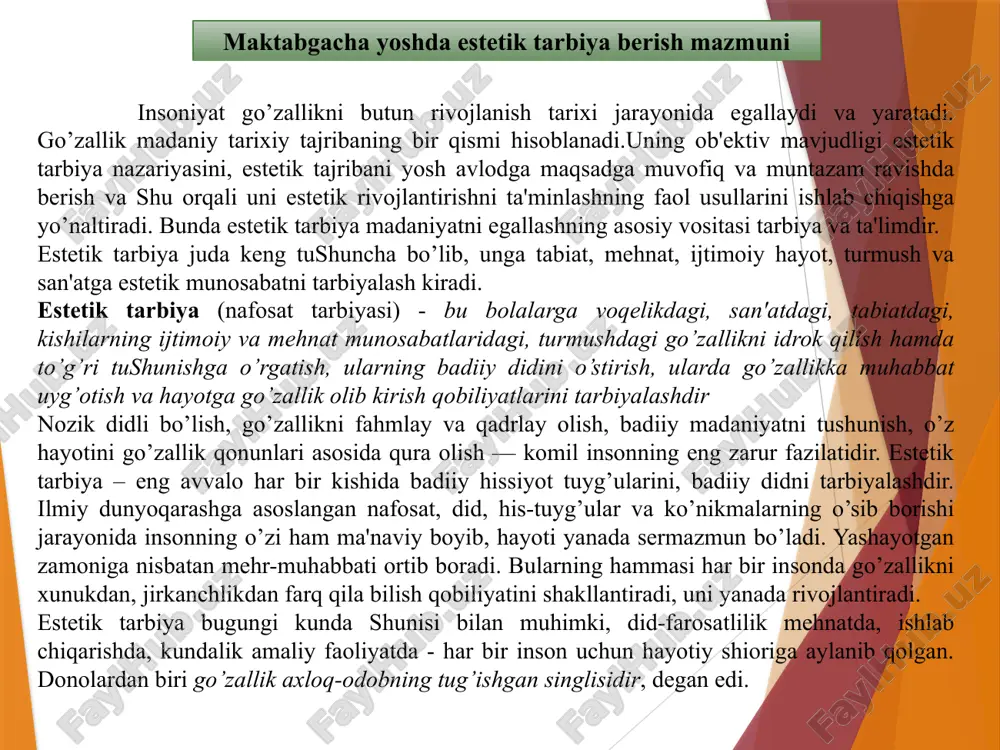 ning yosh imkoniyatlariga qarab belgilanadi. estetik tarbiya vazifalarini xal etish bolalarda tashabbuskorlik, ma'lum natijalarni oldindan bilish, ularga intilish, orzu qila bilish kabi sifatlarni shakllantirish bilan uzviy bog’langandir. yuqorida ko’rsatilgan vazifalar asosida maktabgacha yoshdagi bolalarning har bir yosh guruhlarida estetik tarbiya berishning mazmuni va metodlari ishlab chiqiladi. estetik tarbiyaning mazmuni bolaning estetik faoliyati orqali amalga oshiriladigan bilim, malaka va ko’nikmalarni estetik hissiyot, qiziqish, estetik ehtiyoj, estetik did va mulohazalarni tarbiyalashni o’z ichiga oladi. bular quyidagi yo’llar bilan amalga oshiriladi: o’yin, mehnat jarayonida, maishiy faoliyatda ijtimoiy va tabiat voqealari bilan tanishtirish orqali tevarak-atrofdagi borliqqa nisbatan estetik munosabatni tarbiyalash; san'at asarlari (badiiy tarbiya) vositasida estetik tarbiya berish. pedagogika fanida bolalarni chizishga, loy va plastilindan narsalar yasashga, ashula aytishga va shunga o’xshashlarga o’rgatish metodikasi mukammal ishlab chiqilgan. bola ijodining mazmuniga ta'sir etadigan asosiy vosita. estetik rivojlanishidagi o‘ziga xos xususiyatlar ma’naviy va axloqiy jihatdan yetuk, barkamol farzand voyaga yetkazish hamma davrlarda ham katta siyosiy mohiyat …