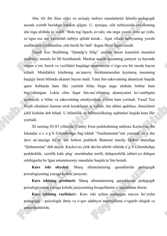 asiga oid o’quv darsliklarini tayyorlashda foydalanish mumkin. kurs ishining tarkibiy tuzilishi: kirish qismi, 4 ta, xulosa, foydalanilgan adabiyotlar ro’yxati va ilovalardan iborat. 1. sharq uyg`onish davri allomalari hamda ta`lim taraqqiyotida al farobiy va abu rayhon beruniyning pedagogik psixologik qarashlari o’rta osiyoda ilm-fan ma’rifatning rivojlanishi, bu hududdagi ilmiy dunyoqarashlar bilan belgilanadi. bizning davrimizgacha arab istilosigacha bo’lgan davrdagi ilm-fan va madaniyat taraqqiyoti haqidagi ma’lumotlar saqlanib qolmagan. chunki arab xalifaligining o’rta osiyoga islom dinining yoyilishi va buning oqibatida o’rta osiyoda bu diniy qarashlariga qarama-qarshi bo’lgan yozma adabiyotlarning hammasi mutlaqo yo’q qilib yuborilgan. bundan tashqari o’rta osiyodagi o’zaro feodal urushlar ham ilm-fan va madaniyatning taraqqiyotiga salbiy ta’sir etgan. xsh asrda o’rta osiyoni mo’g’ullar bosib oladi va o’rta asrlarda yaratilgan fan va madaniyat sohasidagi ilmiy adabiyotlarning to’plangan qismi shu bosqinchilar tomonidan yo’q qilib yuboriladi. shunga qaramasdan o’rta osiyoda ilm-fan va madaniyat yuqori darajada rivojlangan deb ayta olamiz. o’rta asrlarda o’rta osiyoda qator-qator olimlar, mutafakkirlar yashab …