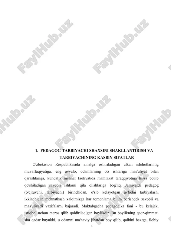 lanib kelinmoqda.pedagog xodimlar malakasini oshirish ilmiy-metodik markazlari kengaytirilmoqda, ularning siyosiy tayyorgarligiga talab kuchaytirilmoqda, har 4-yilda qayta tayyorlashdan o'tishlari uchun shart-sharoitlar yaratilmoqda. ning inson va jamiyat taraqqiyotidagi hissasi va ta'sirini, nafaqat yoshlarimiz, balki butun xalqimiz kelajagini hal qiladigan o'qituvchi va murabbiylar mehnatini hech narsa bilan o'lchab, qiyoslab bo'lmaydi" degan edi. mamlakatimizning kelajagi, mustaqil o'zbekistonning istiqboli, ta'lim sohasida olib borilayotgan islohotlarning muvaffaqiyati ko'p jihatdan tarbiyachi-o'qituvehiga, uning saviyasiga, tayyorgarligiga, fidoyiligiga, yosh avlodga ta'lim berish va barkamol inson darajasida tarbiyalab, voyaga yetkazishga nisbatan shijoatiga bog'liq.[10] ma'lumki, ta'lim tashkilotlarida tarbiyaviy jarayon bevosita o'qituvchi tomonidan tashkil qilinadi va olib boriladi. yangicha ijtimoiy sharoitda ta'lim-tarbiyadan ko'zda tutilayotgan maqsadlarga erishish, o'quvchilarning dars va darsdan tashqari xilma-xil tarbiyaviy faoliyatlarini uyushtirish, ularni bilimli, odobli, e'tiqodli, vatanparvar, mehnatsevar, barkamol inson qilib o'stirish va kasbga yo'naltirish o'qituvchilar zimmasigayuklatilgan, o'zbekiston respublikasining birinchi prezidenti i.a.karimov o'qituvchidagi tarbiyachilik qobiliyatining asosiy mohiyatini shunday ta'riflaydi: «tarbiyachi - ustoz bo'lish uchun, boshqalarning aql-idrokini o'stirish, ma'rifat ziyosidan bahramand qilish, …