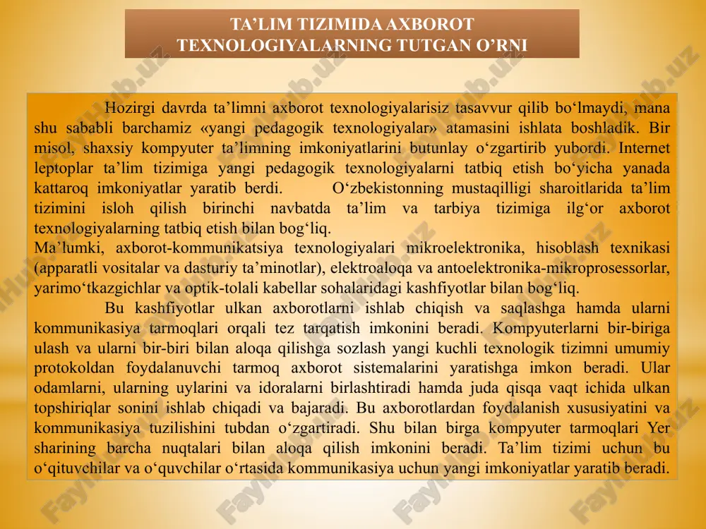 ini ta’minlab berish uchun yangidan yangi qonunlar va hujjatlar qabul qilinmoqda, zamonaviy pedagogik texnologiyalar yaratilmoqda [3]. zamonaviy pedagogik texnologiya fan asoslari bo’yicha o`quvchi talabalarning bilish faoliyatini maqsadga muvofiq tarzda tashkil etish va amalga oshirishni kuzda tutadi. ushbu “dorboz” usulidan foydalanib fizika faniga qiziquvchilarga tezlik, tezlanish, tekis tezlanuvchan, tekis sekinlanuvchi harakatlar mavzularini osonroq va hayotga bog`lagan holda tushuntirishga harakat qilganmiz. bu usul ko`proq fizika faniga yaqinda qiziqishni boshlagan qiziquvcxilarga va maktab o`quvcxilarga ko`proq mosdir va tushunish osondir. fizika fanini hayotga bog`lab o`tishlik goh o`quvchi bo`lsin, goh talaba bo`lsin fizika faniga yanada qiziqishini, izlanishini ortirsa ortiradiki kamaytirmaydi. ayniqsa xalqimizning milliy a`nanalariga darsni bog`lashlik bizning o`zligimizni anglashlikka turtki bo`ladi. bizning “dorboz” modelimizda o’zbek xalqining milliy a`nnanaviy o`yinlaridan bo`lgan dorboz o’yini aks etgan. o‘quv-tarbiya jarayonida bilim berishning zamonaviy pedagogik texnologiyalaridan keng foydalanish, ularni doimiy ravishda takomillashtirib borish, rivojlangan davlatlar ta’lim tajribalaridan maqsadli foydalanish – ta’limning sifati va samaradorligini kafolatlaydi. zamonaviy pedagogik va axborot texnologiyalaridan …