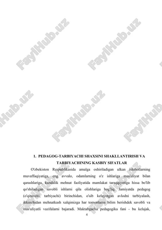 atimizda pedagog xodimlarning oylik maoshlari yildan-yilga oshirilib, turmush sharoitlari yaxshilanib kelinmoqda.pedagog xodimlar malakasini oshirish ilmiy-metodik markazlari kengaytirilmoqda, ularning siyosiy tayyorgarligiga talab kuchaytirilmoqda, har 4-yilda qayta tayyorlashdan o'tishlari uchun shart-sharoitlar yaratilmoqda. ning inson va jamiyat taraqqiyotidagi hissasi va ta'sirini, nafaqat yoshlarimiz, balki butun xalqimiz kelajagini hal qiladigan o'qituvchi va murabbiylar mehnatini hech narsa bilan o'lchab, qiyoslab bo'lmaydi" degan edi. mamlakatimizning kelajagi, mustaqil o'zbekistonning istiqboli, ta'lim sohasida olib borilayotgan islohotlarning muvaffaqiyati ko'p jihatdan tarbiyachi-o'qituvehiga, uning saviyasiga, tayyorgarligiga, fidoyiligiga, yosh avlodga ta'lim berish va barkamol inson darajasida tarbiyalab, voyaga yetkazishga nisbatan shijoatiga bog'liq.[10] ma'lumki, ta'lim tashkilotlarida tarbiyaviy jarayon bevosita o'qituvchi tomonidan tashkil qilinadi va olib boriladi. yangicha ijtimoiy sharoitda ta'lim-tarbiyadan ko'zda tutilayotgan maqsadlarga erishish, o'quvchilarning dars va darsdan tashqari xilma-xil tarbiyaviy faoliyatlarini uyushtirish, ularni bilimli, odobli, e'tiqodli, vatanparvar, mehnatsevar, barkamol inson qilib o'stirish va kasbga yo'naltirish o'qituvchilar zimmasigayuklatilgan, o'zbekiston respublikasining birinchi prezidenti i.a.karimov o'qituvchidagi tarbiyachilik qobiliyatining asosiy mohiyatini shunday ta'riflaydi: «tarbiyachi - ustoz …