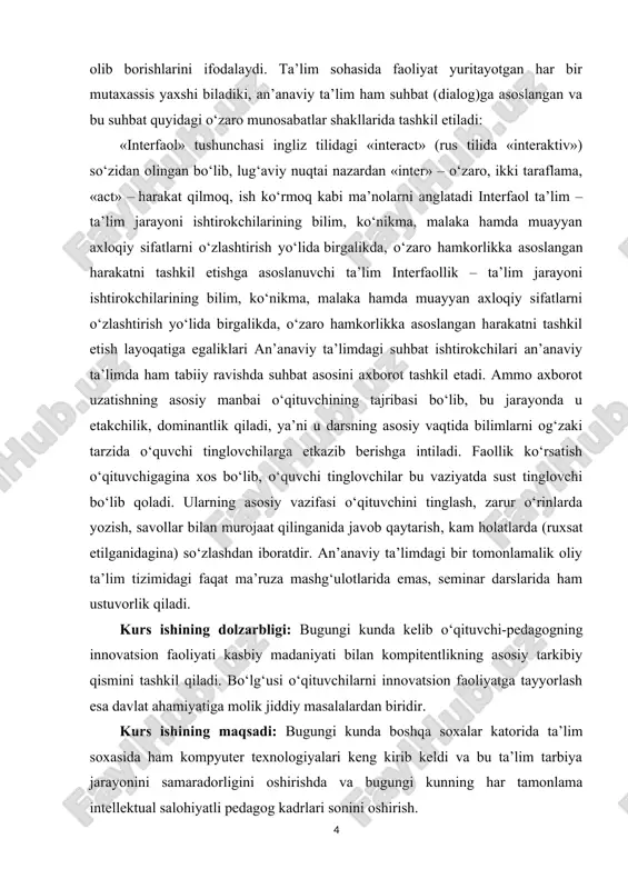 r tomonlamalik oliy ta’lim tizimidagi faqat ma’ruza mashg‘ulotlarida emas, seminar darslarida ham ustuvorlik qiladi. kurs ishining tuzilishi: mazkur kurs ishi kirish, 4 ta reja, xulosa, foydalangan adabiyotlar ro`yxati va ilova qismlardan iborat. 1. ta’lim tizimida axborot texnologiyalarning tutgan o’rni hozirgi davrda ta’limni axborot texnologiyalarisiz tasavvur qilib bo‘lmaydi, mana shu sababli barchamiz «yangi pedagogik texnologiyalar» atamasini ishlata boshladik. bir misol, shaxsiy kompyuter ta’limning imkoniyatlarini butunlay o‘zgartirib yubordi. internet leptoplar ta’lim tizimiga yangi pedagogik texnologiyalarni tatbiq etish bo‘yicha yanada kattaroq imkoniyatlar yaratib berdi. o‘zbekistonning mustaqilligi sharoitlarida ta’lim tizimini isloh qilish birinchi navbatda ta’lim va tarbiya tizimiga ilg‘or axborot texnologiyalarning tatbiq etish bilan bog‘liq. ma’lumki, axborot-kommunikatsiya texnologiyalari mikroelektronika, hisoblash texnikasi (apparatli vositalar va dasturiy ta’minotlar), elektroaloqa va antoelektronika-mikroprosessorlar, yarimo‘tkazgichlar va optik-tolali kabellar sohalaridagi kashfiyotlar bilan bog‘liq. bu kashfiyotlar ulkan axborotlarni ishlab chiqish va saqlashga hamda ularni kommunikasiya tarmoqlari orqali tez tarqatish imkonini beradi. kompyuterlarni bir-biriga ulash va ularni bir-biri bilan aloqa qilishga sozlash …