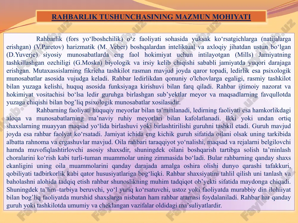 g’i ularning fikriga quloq solmog’i shunga asoslanib xulosa chiqarmog’i kerak. rahbarning barcha ishlari xalq hayotiga ijobiy ta’sir ko‘rsatmog’i lozim. kimlargadir yaxshi ko‘rinish maqtanish uchun qilingan ish rahbarning kelgusidagi faoliyatiga salbiy iz qoldirishi mumkin. rahbarda xalq va vatanga fidoyilik, tashabbuskorlik, qa’tiyat va talabchanlik bo‘lmog’i lozim. manmanlik, zo'rovonlik, o‘zgalar fikrga quloq solmaslik rahbar kadrlarni yaxshi mutaxassislar, mehnatkash sodda va samimiy odamlardan uzoqlashtirib qo‘yadi. rahbar hech qachon mayda gaplar fusqu fasod mayshad bozlikka berilmasligi kerak. katta rabarlarning kichik rahbarlarni mahalliychilik oshna-og’aynichilik shaxsiy sadoqatiga qarab tanlashi o‘ta kaltabinlik. rahbar maqtovdan boshi aylanib “dohiy”lik kasaliga chalinib qolmasligi kerak. bunday rahbarlar atirofida faqat o‘z manfaatini o‘ylovchi “maslahatguylar” amalparast, laganbardor, poraxo‘r oddiy odamlarga zug’im o‘tgazuvchi kimsalar to‘planib qoladi. rahbar nafs balosiga qarshi turmog’i, o‘zidan kichik rahbarlarni bu balodan asramog’i lozim. rahbar adolatsizlikka aslo yo‘l qo‘ymasligi lozim. rahbar o‘z shaxsiy hayoti, turmush kechirishida ham boshqalarga o‘rnak bo‘lmog’i shart. rahbarning barcha ishlari ochiq va oshkora bo‘lmog’i lozim. vaqti-vaqti bilan …