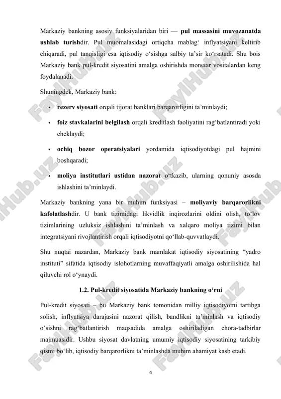 azardan, markaziy bank mamlakat iqtisodiy siyosatining “yadro instituti” sifatida iqtisodiy islohotlarning muvaffaqiyatli amalga oshirilishida hal qiluvchi rol o‘ynaydi. 1.2. pul-kredit siyosatida markaziy bankning o‘rni pul-kredit siyosati – bu markaziy bank tomonidan milliy iqtisodiyotni tartibga solish, inflyatsiya darajasini nazorat qilish, bandlikni ta’minlash va iqtisodiy o‘sishni rag‘batlantirish maqsadida amalga oshiriladigan chora-tadbirlar majmuasidir. ushbu siyosat davlatning umumiy iqtisodiy siyosatining tarkibiy qismi bo‘lib, iqtisodiy barqarorlikni ta’minlashda muhim ahamiyat kasb etadi. markaziy bank pul-kredit siyosatini amalga oshirishda quyidagi asosiy vositalardan foydalanadi: 1. qayta moliyalash stavkasi – tijorat banklari uchun asosiy foiz stavkasini belgilash orqali kreditlash hajmiga ta’sir ko‘rsatadi. agar qayta moliyalash stavkasi pasaytirilsa, iqtisodiyotda investitsion faollik ortadi, aksincha oshirilsa, kreditlash qisqaradi. 2. majburiy rezervlar normasi – tijorat banklarining markaziy bankdagi zaxira mablag‘lari miqdorini belgilash orqali pul massasini tartibga soladi. 3. ochiq bozor operatsiyalari – markaziy bankning qimmatli qog‘ozlarni sotib olish yoki sotish orqali iqtisodiyotdagi pul miqdoriga ta’sir ko‘rsatish usuli. 4. valyuta siyosati – milliy valyuta …