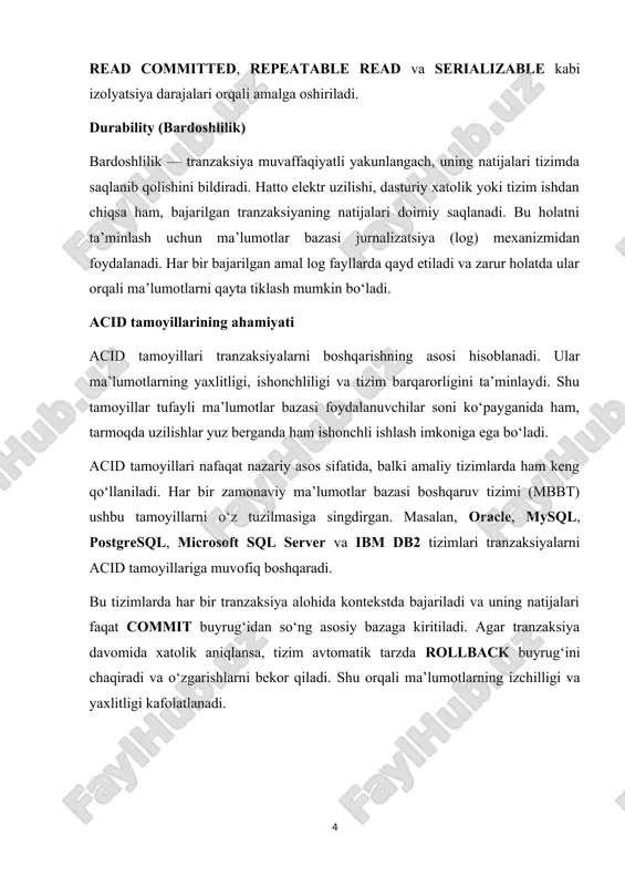 motlarning yaxlitligi, ishonchliligi va tizim barqarorligini ta’minlaydi. shu tamoyillar tufayli ma’lumotlar bazasi foydalanuvchilar soni ko‘payganida ham, tarmoqda uzilishlar yuz berganda ham ishonchli ishlash imkoniga ega bo‘ladi. acid tamoyillari nafaqat nazariy asos sifatida, balki amaliy tizimlarda ham keng qo‘llaniladi. har bir zamonaviy ma’lumotlar bazasi boshqaruv tizimi (mbbt) ushbu tamoyillarni o‘z tuzilmasiga singdirgan. masalan, oracle, mysql, postgresql, microsoft sql server va ibm db2 tizimlari tranzaksiyalarni acid tamoyillariga muvofiq boshqaradi. bu tizimlarda har bir tranzaksiya alohida kontekstda bajariladi va uning natijalari faqat commit buyrug‘idan so‘ng asosiy bazaga kiritiladi. agar tranzaksiya davomida xatolik aniqlansa, tizim avtomatik tarzda rollback buyrug‘ini chaqiradi va o‘zgarishlarni bekor qiladi. shu orqali ma’lumotlarning izchilligi va yaxlitligi kafolatlanadi. 2. tranzaksiyalarni boshqarish va ularning turlari tranzaksiyalarni boshqarish (transaction management) — bu ma’lumotlar bazasi tizimida bir nechta amallarni izchil, xavfsiz va to‘liq bajarilishini ta’minlaydigan jarayondir. ushbu jarayon ma’lumotlarning yaxlitligi va tizimning ishonchliligini saqlashda muhim ahamiyatga ega. tranzaksiya boshqaruvi ma’lumotlar bazasi boshqaruv tizimi (mbbt) …