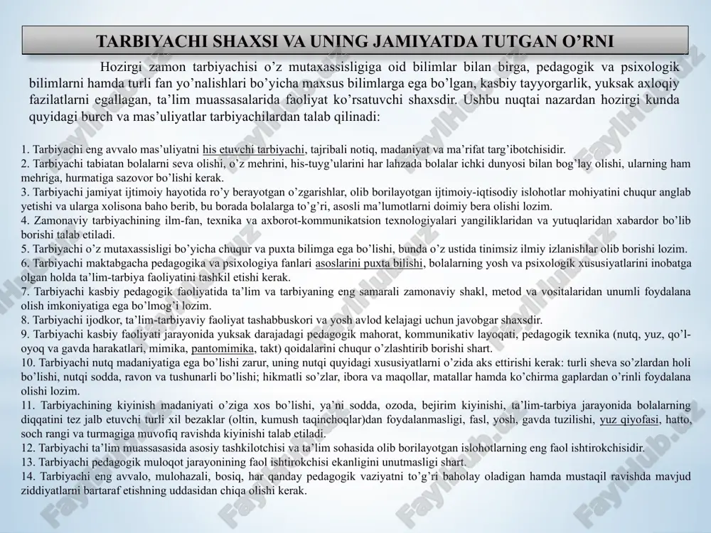 iqlik ruhida tarbiyalashi, o’z vataniga, tabiatga va oilasiga bo’lgan muhabbatni shakllantirishi; pedagogik texnika va pedagogik taktga ega bo’lishi; o’z kasbiga ijodiy yondashishi; bu ta'rifni yaxshi tushunib,uning ma'no mohiyatini tahlil etadigan bólsak,ushbu ta'rifda edagogic mahorat tushunchasi mazmuniga kiradigan quyidagi masalalarni ajratish mumkin bóladi: umumiy madaniyatning yuqori darajasi hamda bilimdonlik va aql zakovatining yuksak kórsatgichi. pedagogika,umumiy va pedagogik-psixologiya kabi fanlar sohasidagi bilimlar bilan qurollanganlik,ulardan óqitish va tarbiyalash ishlari tajribasida erkin va ustalik bilan foydalana bilish. ózining óqitayotgan faniga doir keng va bilim sohibi. óquv -tarbiyaviy ishlar metodikasini egallagan bólishi. tarbiyachiga qo’yilgan talabni quyidagicha ifodalasak bo’ladi: murabbiy va tarbiyachining muloyim, jozibador, bolalarni o’ziga tortuvchi ohangda gapira olishi kerak; murabbiy va tarbiyachining o’z ovozini xohlagan paytda va holatda boshqara olishi, rostlay olishi va o’z ovoziga muloyimlik ruhi va ta’sirchanlik ruhi bera olishi kerak; mtt dagi tarbiyachi va murabbiylar o’zlarining kasbiy mahoratiga qo’yilgan talablarga amal qilsa, quyidagidek yutuqlarga erisha oladi: bolalar bilan ishlashda ularning tarbiyasi …