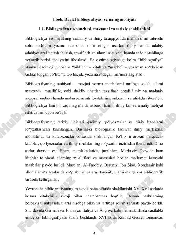 niy, ibn sino, xondamir kabi allomalar o‘z asarlarida ko‘plab manbalarga tayanib, ularni o‘ziga xos bibliografik tartibda keltirganlar. yevropada bibliografiyaning mustaqil soha sifatida shakllanishi xv–xvi asrlarda bosma kitobchilik rivoji bilan chambarchas bog‘liq. bosma nashrlarning ko‘payishi natijasida ularni hisobga olish va tartibga solish zarurati paydo bo‘ldi. shu davrda germaniya, fransiya, italiya va angliya kabi mamlakatlarda dastlabki universal bibliografiyalar tuzila boshlandi. xvi asrda konrad gesner tomonidan yaratilgan “bibliotheca universalis” asari jahon bibliografiyasi tarixida muhim o‘rin tutadi. o‘zbekistonda esa bibliografik faoliyatning ildizlari o‘rta asrlardayoq shakllangan. “al-fihrist” (ibn an-nadim), “tabaqot ul-fuzalo” kabi asarlar sharq bibliografiyasi tarixining erta namunalaridir. xx asr boshlaridan boshlab o‘zbekistonda kutubxonachilik bilan bir qatorda bibliografiya sohasi ham rivoj topa boshladi. 1920–1930-yillarda tashkil etilgan ilmiy kutubxonalar, xususan o‘zbekiston davlat kutubxonasi (hozirgi alisher navoiy nomidagi o‘zbekiston milliy kutubxonasi) bibliografik axborotlarni yig‘ish va tizimlashtirishda yetakchi markazga aylandi. bibliografiya bugungi kunda faqatgina kitoblar ro‘yxatini tuzish bilan cheklanmay, balki ilmiy axborotni tahlil qilish, manbalarni elektron shaklda saqlash …