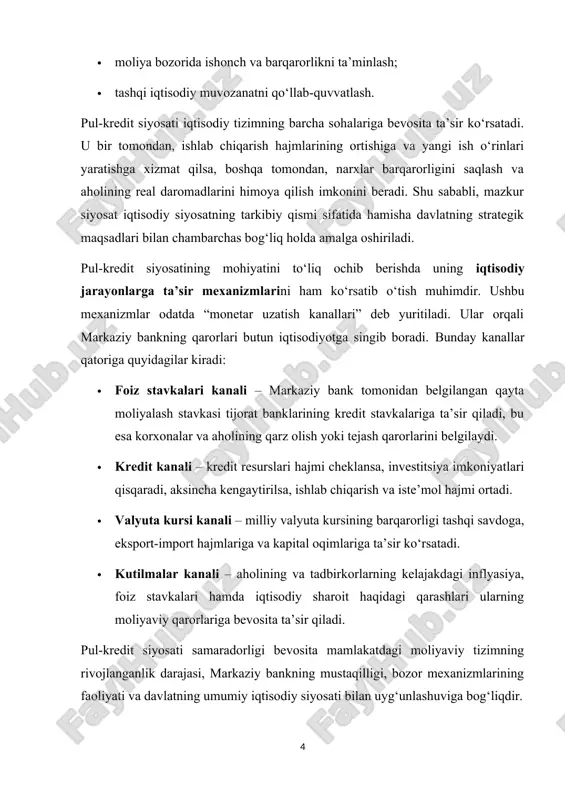 ankning qarorlari butun iqtisodiyotga singib boradi. bunday kanallar qatoriga quyidagilar kiradi: · foiz stavkalari kanali – markaziy bank tomonidan belgilangan qayta moliyalash stavkasi tijorat banklarining kredit stavkalariga ta’sir qiladi, bu esa korxonalar va aholining qarz olish yoki tejash qarorlarini belgilaydi. · kredit kanali – kredit resurslari hajmi cheklansa, investitsiya imkoniyatlari qisqaradi, aksincha kengaytirilsa, ishlab chiqarish va iste’mol hajmi ortadi. · valyuta kursi kanali – milliy valyuta kursining barqarorligi tashqi savdoga, eksport-import hajmlariga va kapital oqimlariga ta’sir ko‘rsatadi. · kutilmalar kanali – aholining va tadbirkorlarning kelajakdagi inflyasiya, foiz stavkalari hamda iqtisodiy sharoit haqidagi qarashlari ularning moliyaviy qarorlariga bevosita ta’sir qiladi. pul-kredit siyosati samaradorligi bevosita mamlakatdagi moliyaviy tizimning rivojlanganlik darajasi, markaziy bankning mustaqilligi, bozor mexanizmlarining faoliyati va davlatning umumiy iqtisodiy siyosati bilan uyg‘unlashuviga bog‘liqdir. shuni ham qayd etish kerakki, turli davrlarda pul-kredit siyosatining ahamiyati turlicha bo‘lib kelgan. masalan, klassik iqtisodiy nazariyalarda bozor o‘z-o‘zini tartibga solishi mumkin deb hisoblangan bo‘lsa, keynschilik yondashuvida davlatning …