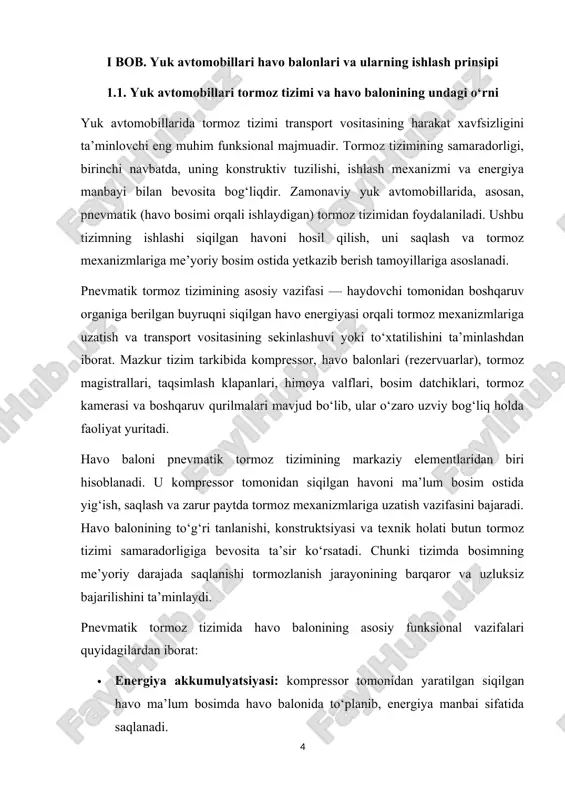 atli tormozlash uchun yetarli havo bosimini ta’minlaydi. havo balonlarining ishonchli ishlashi tormoz tizimining xavfsizligi va samaradorligining muhim omillaridan biridir. shu sababli havo balonlarining ishlab chiqarilishida yuqori mustahkamlikka ega materiallardan foydalanish, tashqi korroziya va bosim ta’siriga chidamlilikni ta’minlash zarur. tizimdagi bosim odatda 6–10 bar oralig‘ida bo‘lib, bu me’yoriy ko‘rsatkich transport vositasi ishlab chiqaruvchisi tomonidan belgilangan standartlarga muvofiq bo‘ladi. shuni ta’kidlash lozimki, pnevmatik tormoz tizimi gidravlik tormoz tizimiga nisbatan yuqori yuk ko‘tarish imkoniyatiga ega bo‘lgan transport vositalarida keng qo‘llanadi. chunki yuk avtomobillarida tormozlash vaqtida zarur bo‘ladigan katta miqdordagi kuchni siqilgan havo energiyasi orqali samarali shakllantirish mumkin. havo baloni pnevmatik tormoz tizimining ajralmas elementi bo‘lib, uning uzluksiz va texnik me’yorlarga javob bergan holda ishlashi yuk avtomobilining harakat xavfsizligi, tormozlash samarasi va umumiy ekspluatatsion ishonchliligini ta’minlaydi. shu bois havo baloniga oid texnik hujjatlarni to‘g‘ri ishlab chiqish va rasmiylashtirish amaliyotda muhim ahamiyatga ega. pnevmatik tormoz tizimining samarali ishlashi ko‘p jihatdan tizim elementlari o‘rtasidagi funksional uzviylikka …