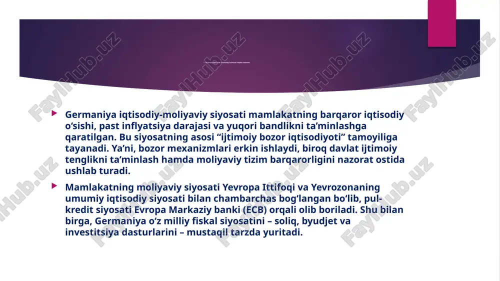 gan yo‘qotishlarga qarshi rezervlar yaratishi va ichki marisk (minimal risk boshqaruvi talablari) standartlariga rioya qilishi kerak. shuningdek, banklar aml (anti-money laundering) va kyc (know your customer) qoidalariga amal qilgan holda noqonuniy moliyaviy faoliyatni oldini olishga majburdir. . so‘nggi yillarda germaniya bank tizimi raqamli texnologiyalarni jadal rivojlantirish yo‘lidan bormoqda. bu jarayon moliyaviy xizmatlarni soddalashtirish, mijozlarga tezkor va xavfsiz xizmat ko‘rsatish hamda xalqaro raqobatda ustunlikka erishish imkonini beradi. fintech va onlayn banking germaniyada fintech kompaniyalari bank sektorining ajralmas qismiga aylangan. masalan, n26 va trade republic kabi raqamli banklar mijozlarga to‘liq onlayn xizmatlar ko‘rsatadi. shuningdek, an’anaviy banklar ham o‘z mobil ilovalari, internet banking va open banking (ochiq bank xizmatlari) tizimlarini keng joriy etgan. raqamli to‘lov tizimlari va xavfsizlik germaniya sepa instant va giropay, apple pay, google pay kabi to‘lov tizimlari orqali tezkor, xavfsiz va qulay tranzaksiyalarni amalga oshiradi. biroq raqamli xizmatlarning kengayishi bilan bir qatorda kiberxavfsizlik va ma’lumotlarni himoya qilish muammolari ham ortib …