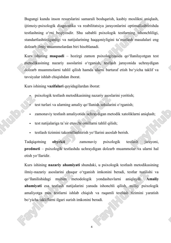 q qilib, natijalarni standart shaklda, obyektiv tarzda ifodalaydi. psixologik test tushunchasining shakllanishi xix asr oxiri va xx asr boshlariga to‘g‘ri keladi. dastlabki testlar inson aql-idrokini o‘lchashga qaratilgan bo‘lib, ularni 1880–1890-yillarda ingliz olimi frensis galton ishlab chiqqan. u individual farqlarni o‘lchash orqali insonning psixik salohiyatini aniqlash mumkin degan g‘oyani ilgari surdi. keyinchalik amerikalik psixolog jeyms makkin kettell bu yondashuvni yanada takomillashtirib, “mental testlar” tushunchasini ilmiy muomalaga kiritdi. xx asr boshida fransuz olimi alfred bine va uning hamkori teodor simon tomonidan ishlab chiqilgan bine–simon testi psixologik testlash tarixida yangi bosqichni boshlab berdi. ularning intellektni o‘lchovchi testlari shaxsning yoshga mos aqliy rivojlanish darajasini aniqlash imkonini yaratdi. keyinchalik bu test l. terman tomonidan qayta ishlanib, stenford–bine testi nomi bilan mashhur bo‘ldi va butun dunyo bo‘yicha qo‘llanila boshlandi. xx asrning o‘rtalarida psixologik testlash sohasida katta rivojlanish yuz berdi. ayniqsa, d. veksler tomonidan ishlab chiqilgan intellekt testlari (wais, wisc) shaxsning kognitiv imkoniyatlarini kompleks o‘lchashga xizmat qildi. …