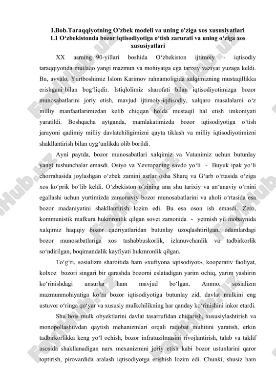 ikning har qanday koʻrinishini inkor etardi. shu bois mulk obyektlarini davlat tasarrufidan chiqarish, xususiylashtirish va monopollashuvdan qaytish mehanizmlari orqali raqobat muhitini yaratish, erkin tadbirkorlikka keng yoʻl ochish, bozor infratuzilmasini rivojlantirish, talab va taklif asosida shakllanadigan narx mexanizmini joriy etish kabi bozor ustunlarini qaror toptirish, pirovardida aralash iqtisodiyotga erishish lozim edi. chunki, shusiz ham chuqur inqiroz girdobiga tushib qolgan iqtisodiyotimizni sogʻlomlashtirishning bozordan boshqa yoʻli yuq, oldinda ulkan islohotlarni amalga oshirish vazifasi turardi. shukrki, oʻzbekistonimiz jahonning tabiiy resurslarga boy mamlakatlaridan. yurtimizda turli xil oziq-ovqat mahsulotlarini yetishtirish uchun keng ekin maydonlari, yirik industrial baza, malakali kadrlar, qisqasi, jamiyat aʻzolari extiyojlarini toʻla qondirish uchun zarur barcha imkoniyatlar mavjud boʻlsa-da, eng ayanchlisi, ana shunday ulkan imkoniyatlarga qaramasdan, yurtimiz qashshoq mamlakatlar qatoriga tushib qolgan, jamiyatda eng zarur isteʻmol mollarining ham keskin tanqisligi vujudga kelgan edi. sababi eski tuzum davrida jamiyatdagi tabiiy muvozanat buzilgan — shaxsiy manfaat va mehnat natijalari oʻrtasida bevosita uzviylik yoʻq edi. bu uzviylik …