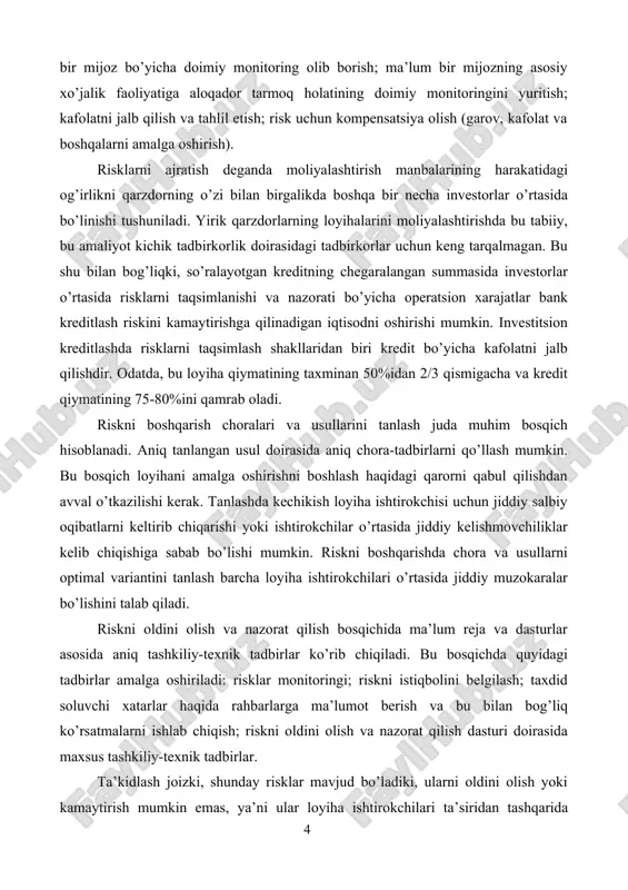 afolat yoki kafillik); risklarni kredit bo’yicha yuqori foiz stavkasiga ko’chirish; risklarni venchur kreditlashga qabul qilish; qarzlar bo’yicha yo’qotishlarni qoplash uchun fondlarni shakllantirish va boshq. bular riskni boshqarish bo’yicha quyidagi ish yo’nalishlarini talab qiladi: har bir mijoz bo’yicha doimiy monitoring olib borish; ma’lum bir mijozning asosiy xo’jalik faoliyatiga aloqador tarmoq holatining doimiy monitoringini yuritish; kafolatni jalb qilish va tahlil etish; risk uchun kompensatsiya olish (garov, kafolat va boshqalarni amalga oshirish). risklarni ajratish deganda moliyalashtirish manbalarining harakatidagi og’irlikni qarzdorning o’zi bilan birgalikda boshqa bir necha investorlar o’rtasida bo’linishi tushuniladi. yirik qarzdorlarning loyihalarini moliyalashtirishda bu tabiiy, bu amaliyot kichik tadbirkorlik doirasidagi tadbirkorlar uchun keng tarqalmagan. bu shu bilan bog’liqki, so’ralayotgan kreditning chegaralangan summasida investorlar o’rtasida risklarni taqsimlanishi va nazorati bo’yicha operatsion xarajatlar bank kreditlash riskini kamaytirishga qilinadigan iqtisodni oshirishi mumkin. investitsion kreditlashda risklarni taqsimlash shakllaridan biri kredit bo’yicha kafolatni jalb qilishdir. odatda, bu loyiha qiymatining taxminan 50%idan 2/3 qismigacha va kredit qiymatining 75-80%ini …