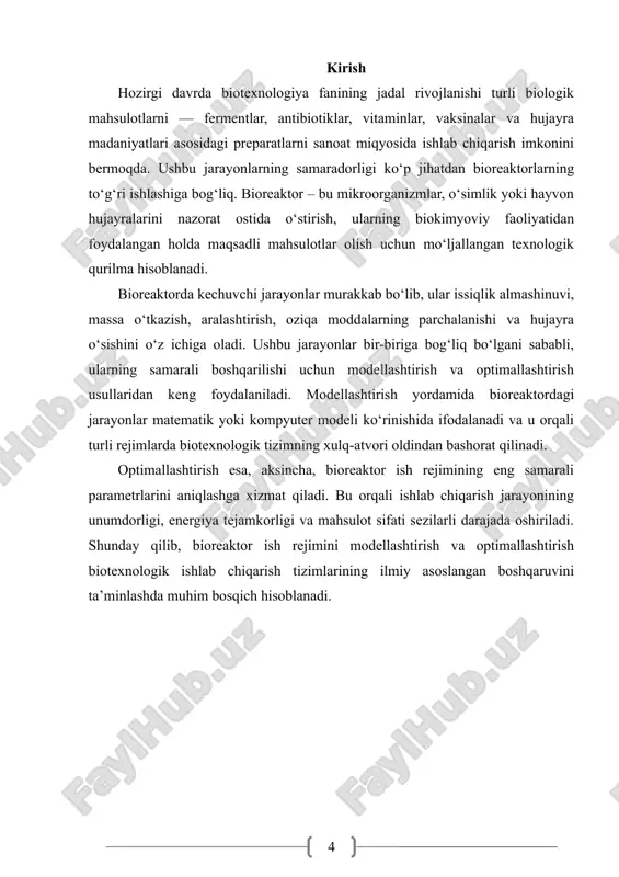 ansi tenglamalari – substrat, kislorod va biomassa miqdorining vaqt davomida o‘zgarishini ifodalaydi. · energiya balansi tenglamalari – issiqlik hosil bo‘lishi va tarqalishini hisobga oladi. · reaksiya kinetikasi – mikroorganizmlar o‘sish tezligi va substrat sarflanishini matematik tarzda ifodalaydi. modellashtirish jarayonida ko‘pincha monod modeli, luedeking-piret tenglamalari, michaelis-menten kinetikasi kabi ilmiy modellardan foydalaniladi. ushbu modellar mikroorganizmlar o‘sishini va metabolik jarayonlarning tezligini ifodalashda eng samarali hisoblanadi. zamonaviy biotexnologiyada modellashtirish uchun kompyuter dasturlari keng qo‘llaniladi. masalan, matlab, comsol multiphysics, aspen plus, bioprocess simulator kabi dasturlar yordamida bioreaktorning ishlash jarayoni raqamli muhitda sinovdan o‘tkaziladi. bunda foydalanuvchi harorat, ph, aralashtirish tezligi, gaz oqimi va substrat kontsentratsiyasi kabi parametrlarni o‘zgartirib, turli ssenariylarni solishtiradi. modellashtirishning afzalliklari quyidagilardan iborat: · tajriba xarajatlarini kamaytiradi va vaqtni tejaydi; · xatoliklarni oldindan aniqlash imkonini beradi; · jarayonni optimallashtirish uchun ishonchli ma’lumot beradi; · bioreaktor ish rejimlarini avtomatlashtirilgan boshqaruv tizimlariga moslashtiradi. bioreaktor ish rejimini modellashtirish biotexnologik ishlab chiqarish jarayonlarini ilmiy asosda boshqarish, tahlil qilish …