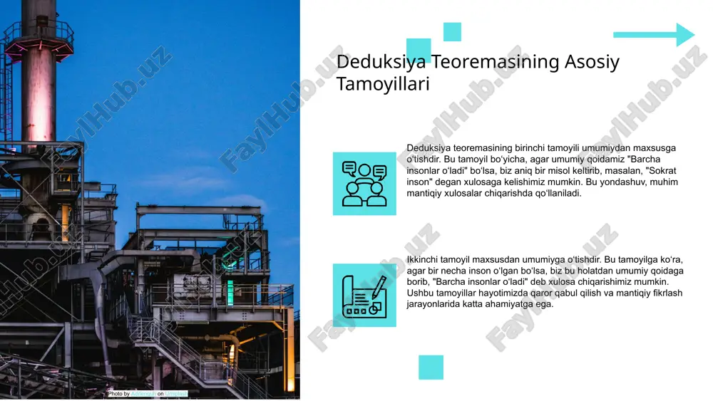 an foydalanib, yechimlarni izlash. 3) har bir yechimni isbotlash va muammoning haqiqiyligini tasdiqlash. natijalar sifatida, yechimlar orqali muammolarni samarali va tezda hal qilish imkoniyati paydo bo'ladi. photo by adrienguh on unsplash deduksiya teoremasining foydalari 1. deduksiya teoremasining amaliyotdagi foydalari: - aniq va mantiqiy asoslar taqdim etish orqali muammolarni yechishda samaradorlikni oshiradi. - ilmiy tadqiqotlarda nazariyalarni isbotlashga yordam beradi, bu esa ilmiy yondashuvni kuchaytiradi. - turli sohalarda, masalan, informatika va iqtisodiyotda samarali modellar yaratish imkonini beradi. 2. taqqoslash: deduksiya teoremasi, induktiv yondashuv bilan solishtirganda, aniq va ishonchli natijalar chiqarishga imkon beradi. boshqa nazariyalar, masalan, mantiqiy induktiv nazariya, mantiqiy asoslarni taqdim etishda farq qiladi. 3. o'zgarishlar: zamonaviy ilm-fanda deduksiya teoremasida yangi yondoshuvlar va metodologiyalar paydo bo'lmoqda. bu yangi yondashuvlar, masalan, sun'iy intellekt va ma'lumotlar tahlilida deduktiv yondashuvlarni qo'llashni o'z ichiga oladi. deduksiya teoremasi va boshqa nazariyalar deduksiya teoremasi, boshqa nazariyalar bilan solishtirganda, mantiqiy asos va strukturalar taqdim etishda farq qiladi. masalan, induktiv …