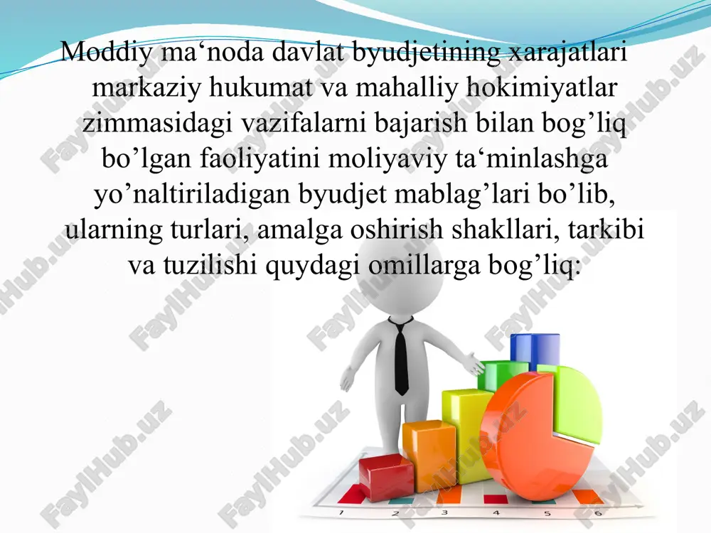 o’rta va o’rta maxsus ta‘lim, kasbiy ta‘lim, oliy ta‘lim va uzluksiz ta‘lim tizimining boshqa muassasalarini saqlash bilan bog’liq bo’lgan xarajatlarni o’z ichiga oladi. sog’liqni saqlash xarajatlari ham davlatning ijtimoiy sohani bu tarmog’iga bo’lgan e‘tiborining ortib borishiga monand ravishda yildan yilga ko’paymoqda va ijtimoiy maqsadlardagi xarajatlarning o’rtacha 23 -24 foizini tashkil qilmoqda. ijtimoiy xarajatlarning tarkibida 10-12 foizni tashkil qilib turgan “ijtimoiy himoya” xarajat guruhi ijtimoiy muhofazaga muhtoj bo’lgan oilalarga nafaqalar, moddiy yordam va kompensatsion to’lovlarni nazarda tutadi. lekin bugungi kun voqeligi faqat ayrim fuqaro guruhlariga nafaqalar berishni nazarda tutuvchi passiv ijtimoiy siyosat mexanizmlarining aholini ijtimoiy muhofaza qilish uchun yetarli emasligini ko’rsatmoqda. barcha davlatlarning byudjet xarajatlari tarkibida mamlakatni boshqarish, hukumat idoralarini saqlash bilan bog’liq xarajatlar ko’zda tutiladi. oʻzbekiston respublikasi byudjet amaliyotida ham ushbu maqsadlarga yo’naltiriladigan byudjet mablag’lari tarkibiga davlat hokimiyati va boshqaruvi organlari, adliya, prokuratura va sud organlari, fuqarolarning o’zini o’zi boshqarish organlarini saqlash xarajatlari kiradi, bu turkum xarajatlar so’nggi yillarda davlat …