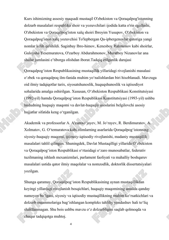 ta’siridan iborat. kurs ishining tuzilishi. mazkur kurs ishi kirish, 2-bob, 4-paragraf, xulosa va adabiyotlar ro’yxatidan iborat. i-bob. qoraqalpog’iston respublikasi mustaqillik arafasida. 1.1.o’zbekiston mustaqilligi yillarida qoraqalpog’iston davlatchiligi taraqqiyoti xx asrning boshlarida markaziy osiyo xalqlari siyosiy, iqtisodiy, ijtimoiy va madaniy hayotida katta o'zgarishlar yuz berdi. 1924-yili turkiston assrning amudaryo viloyati va xiva xonligining xo'jayli hamda qo'ng'irot tumanlari hududida qozog'iston assr tarkibida qoraqalpog'iston avtonom viloyati tashkil etildi. u 1930-yildan rsfsr tarkibiga kirdi. 1932-yilda qoraqalpog'iston avtonom respublikasiga aylantirildi[footnoteref:2]. [2: noveyshaya istoriya uzbekistana. rukovoditel' proekta i redaktor: m.a.raximov. - toshkent: adabiyot uchqunlari, 2018.c.45.] qoraqalpoqlar tarixida 1936-yil muhim siyosiy voqealar yili sifatida abadiy qoladi. chunki, shu yili ular o'z taqdirlarini o'zbekiston ssr tarkibiga kirish bilan belgiladi va o'z tanlagan yo'lining istiqbolli ekanligini ko'rsata oldi. sssr tarqalib ketganidan so'ng mustaqil o'zbekiston tarkibi-dagi suveren qoraqalpog'iston respublikasi maqomini oldi. bu tabi-iy hodisa edi. chunki, asrlar mobaynida qoraqalpoqlar bilan o'zbek xalqi o'rtasida do'stlik, qardoshlik munosabatlari qaror topgan, turmush tarzlari va …