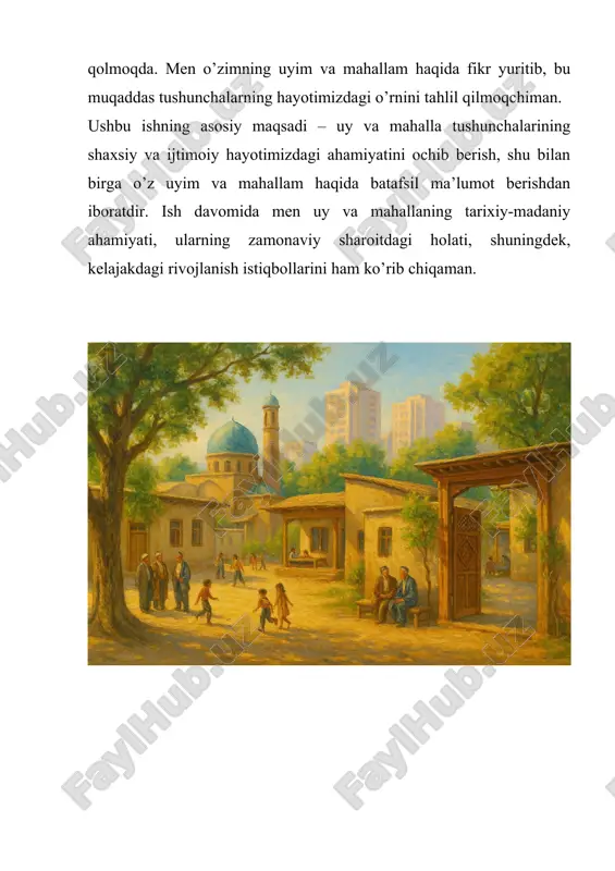 oqda, osoyishta hududda joylashgan. bu joy menga juda yoqadi, chunki bu yerda shovqin-suron kam, havo toza va atrofda ko’kalamzorlar ko’p. uyimiz ikki qavatli, zamonaviy loyiha asosida qurilgan bo’lsada, an’anaviy o’zbek uyi elementlarini o’zida saqlab qolgan. hovlimiz keng bo’lib, unda turli xil mevali daraxtlar, gul-chechaklar ekilgan. bahorda bu daraxtlar gullaganda, hovlimiz go’yo jannatlarga aylanadi. uyimizning tashqi ko’rinishi oddiy, ammo shinam. devorlar och jigarrang rangda bo’lib, derazalar kengligi bilan ajralib turadi. uyimizning old tomonida kichik ayvon bor, u yozda salqinlik bag’ishlaydi. ayvonda biz oila a’zolarimiz bilan birga choy ichib, suhbatlashamiz. kechqurunlari esa bu yerda o’tirish alohida zavq bag’ishlaydi. uyimizga kirsangiz, birinchi navbatda mehmonxona ko’zga tashlanadi. bu xona bizning uyimizning eng katta va bezatilgan xonasi hisoblanadi. devorlarida milliy naqshli gilamlar osilgan, burchaklarda esa ko’rpa-to’shaklar terma-tez joylashtirilgan. mehmonxonada katta dasturxon bor, u atrofida butun oila va mehmonlar o’tirishi mumkin. biz bu xonada faqat mehmonlarni qabul qilishimiz bilan emas, balki oilaviy bayramlarimizni ham nishonlaymiz. oshxonamiz …