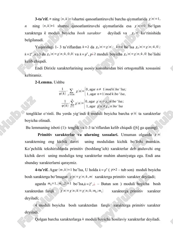 a γ= bu yerdan b kelib chiqadi. shunday qilib, bu yerda ()=1; endi faraz qilaylik bo’lsin. u holda sonining indekslar sistemasi 0, ga teng, shuning uchun ham bo’ladi. shunday qilib (2)-tenglik ixtiyoriy uchun isbotlandi. (1) va (2) lardan kelib chiqadi. bundan esa(3) ga ega bo’lamiz. lemma to‘la isbot bo‘ldi. ixtiyoriy modul boyicha dirixle xarakterlari. faraz qilaylik berilgan 𝑘 sonining kanonik yoyilmasi bo’lsin. 5-ta’rif. moduli boyicha xarakter deb tenglik bilan aniqlanuvchi funksiyaga aytiladi. 6-ta’rif. agar (4) da barcha lar uchun = bo’lsa, ga k moduli boyicha bosh xarakter deyiladi. 7-ta’rif. agar (4) da barcha lar uchun lar primitiv bo’lsa, u holda (4)-tenglik bilan aniqlanuvchi xarakterga primitiv xarakter aks holda hosilaviy xarakter deyiladi. 7-ta’rifdan moduli boyicha har bir xarakterga ning qiymatlarida unga aynan teng bo‘lgan primitiv xarakter mos keladi. bunda soni k ning bo‘luvchisi. bunday holda xarakterni primitiv xarakter bilan indutsirlangan xarakter deb yuritiladi. ni esa ga mos keluvchi primitiv xarakter deyiladi. …