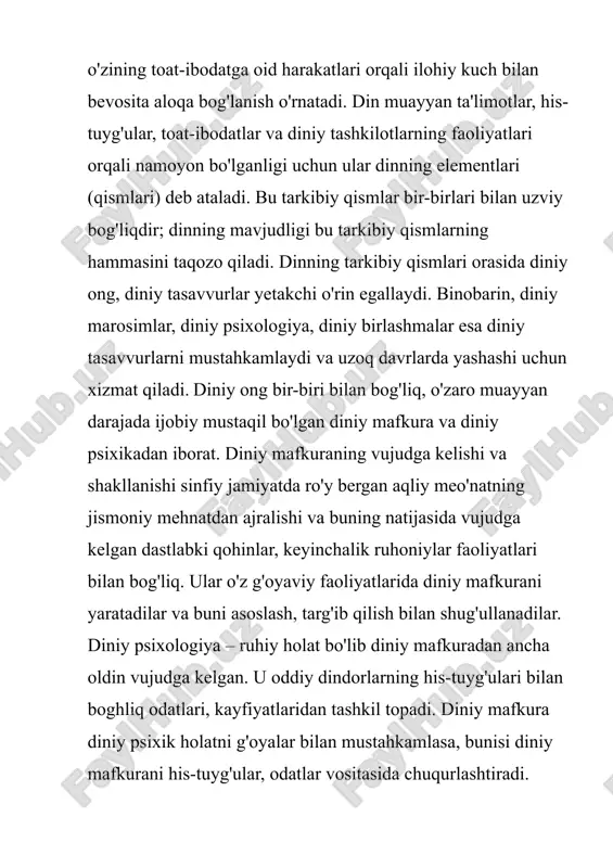 xalqlari mslomgacha e'tiqod qilgan zardushtiylikda diniy qarash va tasavvurlar dunyoviy ishlarga faol munosabatda bo'lishga chaqirilgan. xususan, bu dinda chorva mollarini boqish, dehqonchilik bilan shug'ullanish dindorlikning asosiy belgisi, vazifasi darajasiga kutarilgan. taqvodorlikning asosiy belgisi chorvaga, oilaga ega bulish va don ekishdir. dan ekkan kishi taqvodorlik urug'ini ekadi. bunga ixlos kuyish 10 ming marta ibodat qilish bilan barobar, yuzlab qurbonlik g'ilishga teng deb hisoblangan. bu zardushtiylikning muhim ijobiy tomoni edi. bu dinda mehnat juda ulug'langanyu u faqatgina moddiy ne'matlar manbai bulmay, balki birinchi navbatda, ahloqiy sog'lom va ezgulik manbai bo'lgani uchun ham yuksak qadrlangan. bu vaziyat muayyan shaklda boshqa dinlarda ham bor. chunonchi, hadislarda bayon qilingan ota-ona va farzandlar, boshqa millat vakillari bilan bog'liq fikrlar, qarashlar ham bunga yorqin misol bo'la oladi. ibtidoiy dinlarning shakllari ibtidoiy odamlar hozirgi davrdagi singari to'la shakllangan diniy sistemaga ega bulmagan. ularda boshlang'ich diniy tasavvurlargina bulgan, xolos. dinning ana shunday ibtidoiy shakllari urug'chilik tuzumi shakllanayotgan davrda paydo …