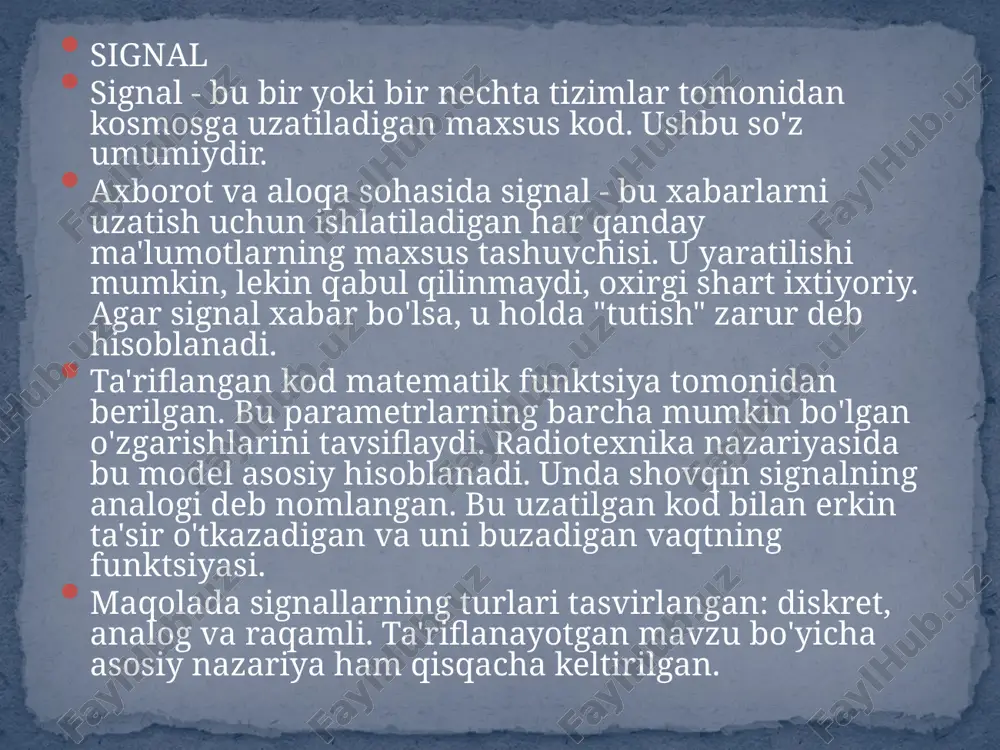 hhur hisoblanadi. bu foydalanish qulayligi bilan bog'liq. raqamli signal dasturi raqamli elektr signali boshqalardan qanday farq qiladi? repetitorda to'liq regeneratsiyani amalga oshirishga qodir ekanligi. eng kichik shovqinli signal aloqa uskunasiga kirsa, u darhol o'z shaklini raqamli shaklga o'zgartiradi. bu, masalan, teleminoraga yana signal hosil qilish imkonini beradi, lekin shovqin effektisiz. agar kod allaqachon katta buzilishlar bilan kelgan bo'lsa, afsuski, uni qayta tiklab bo'lmaydi. agar taqqoslash uchun analog aloqalarni oladigan bo'lsak, unda shunga o'xshash vaziyatda takrorlash qurilmasi ko'p energiya sarflab, ma'lumotlarning bir qismini olishi mumkin. turli formatdagi uyali aloqalarni muhokama qilayotganda, raqamli chiziqda kuchli buzilish bilan gaplashish deyarli mumkin emas, chunki so'zlar yoki butun iboralar eshitilmaydi. bu holda analog aloqa samaraliroq, chunki siz suhbatni davom ettirishingiz mumkin. aynan shunday muammolar tufayli takrorlagichlar aloqa liniyasidagi bo'shliqni kamaytirish uchun ko'pincha raqamli signal hosil qiladi. diskret signal endi har bir kishi o'z kompyuterida mobil telefon yoki qandaydir "teruvchi" dan foydalanadi. qurilmalar yoki dasturiy ta'minotning …